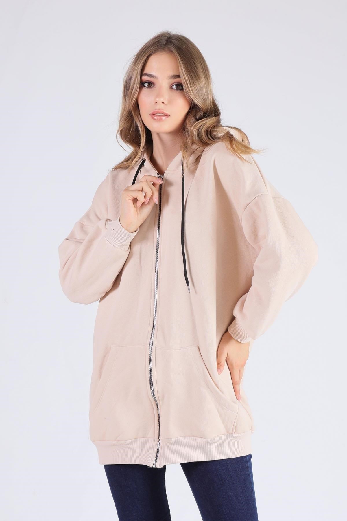 Bej Oversize Uzun Fermuarlı Sweat 8124M
