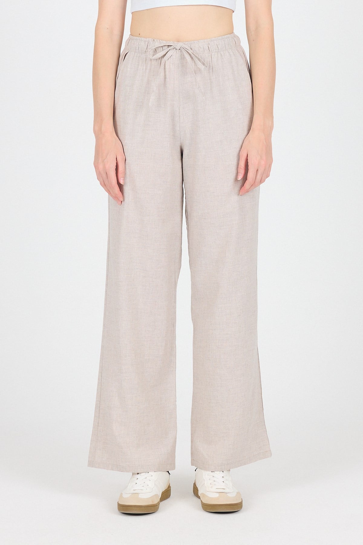 Bej Pamuklu Bel Lastikli Wide Leg/Bol Paça Pantolon 4754A