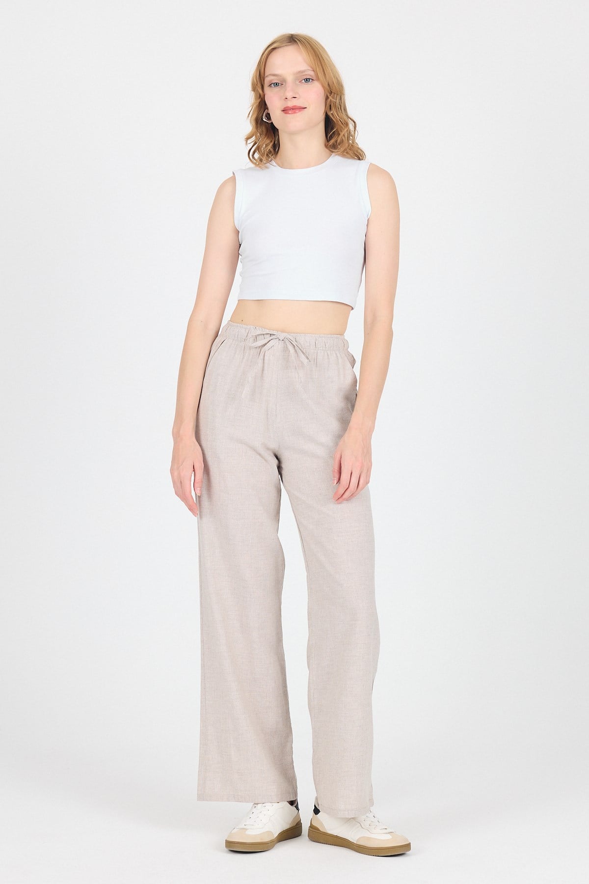 Bej Pamuklu Bel Lastikli Wide Leg/Bol Paça Pantolon 4754A