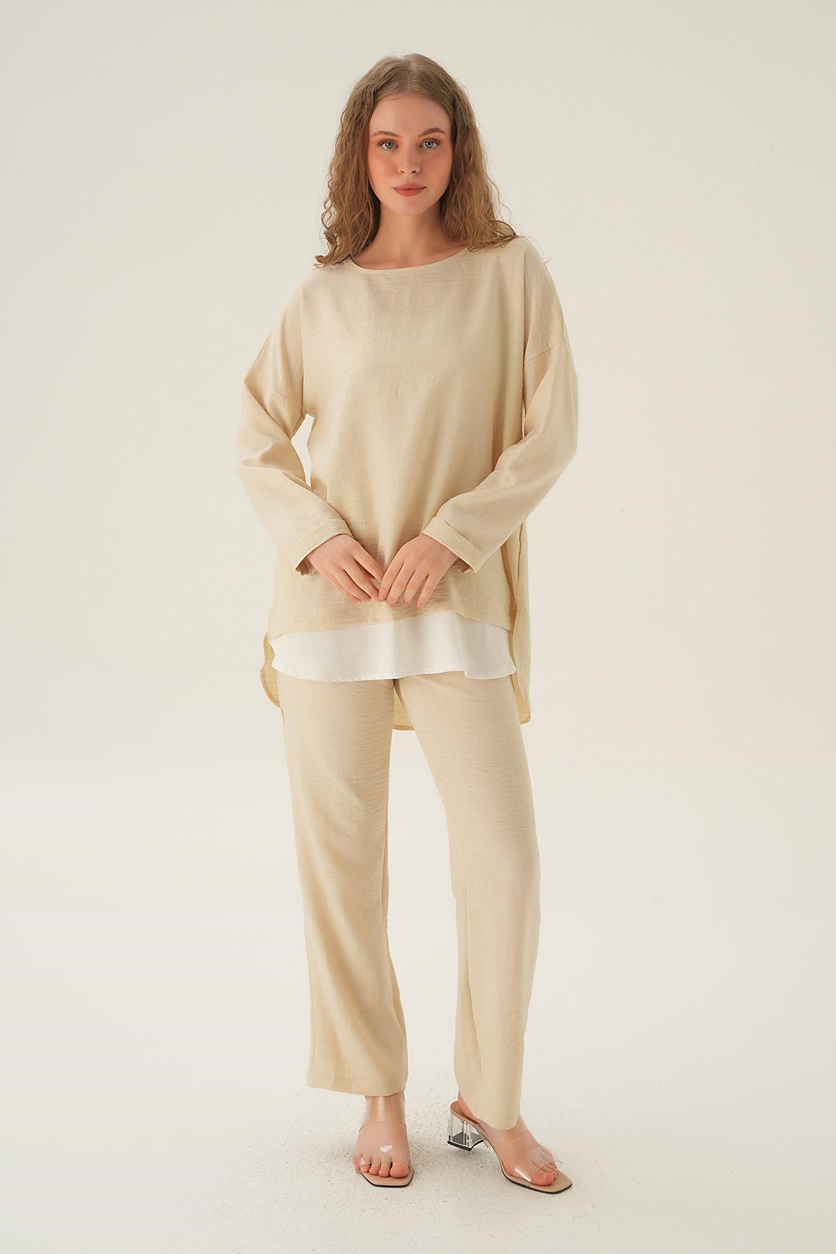 Bej Parçalı Tunik Pantolon Takım 4090A