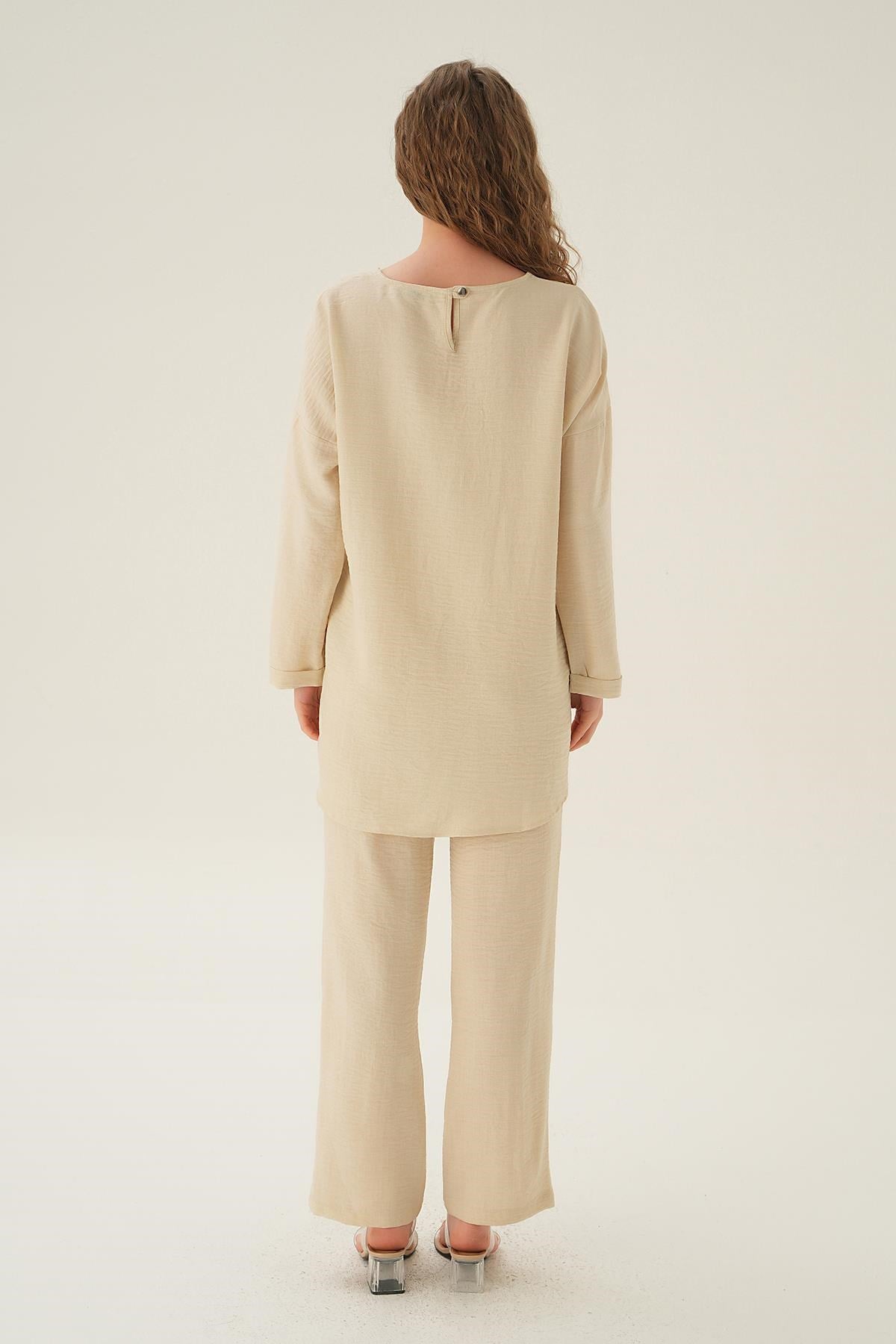 Bej Parçalı Tunik Pantolon Takım 4090A