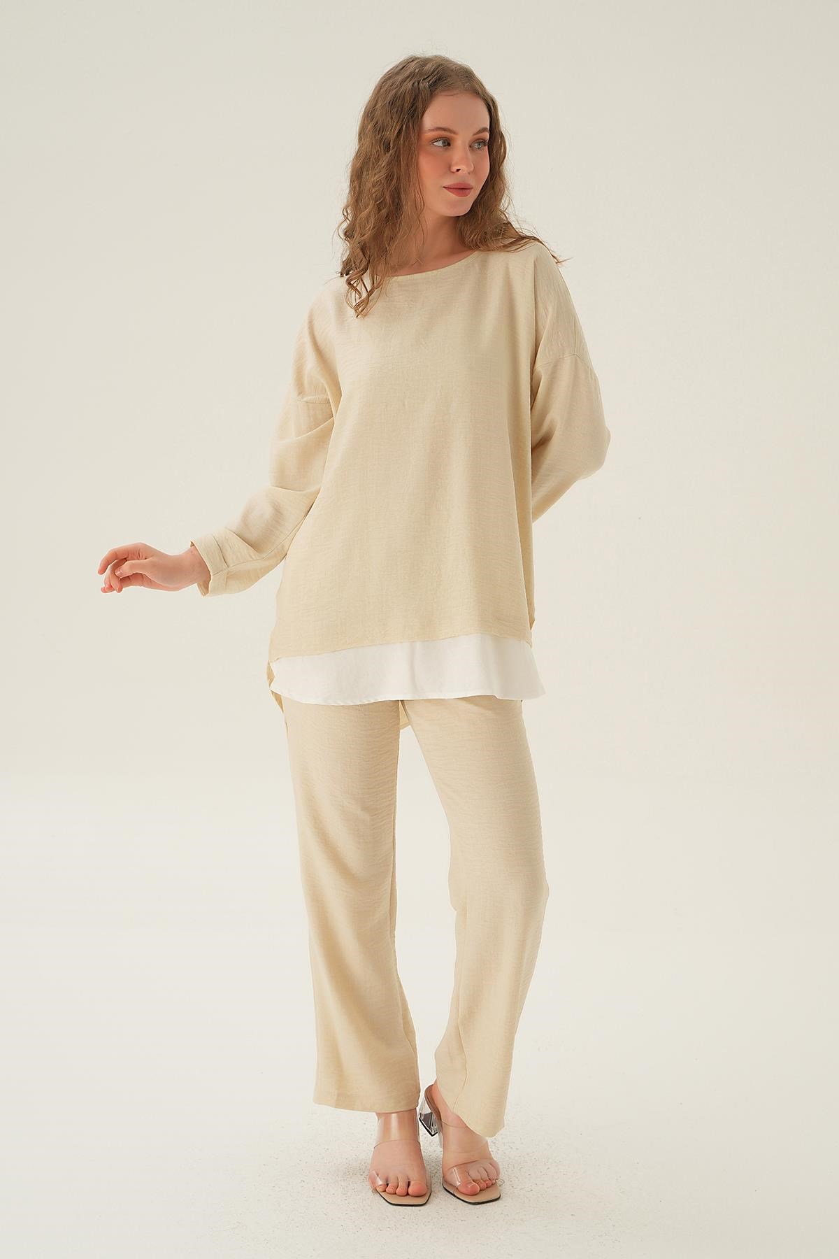 Bej Parçalı Tunik Pantolon Takım 4090A