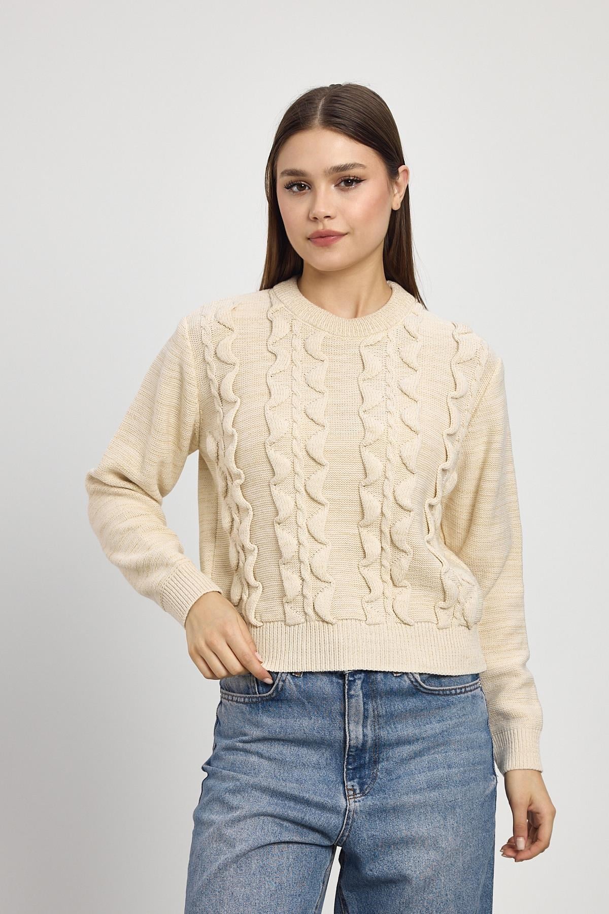 Bej Simli Fırfır Detay Kazak 24364