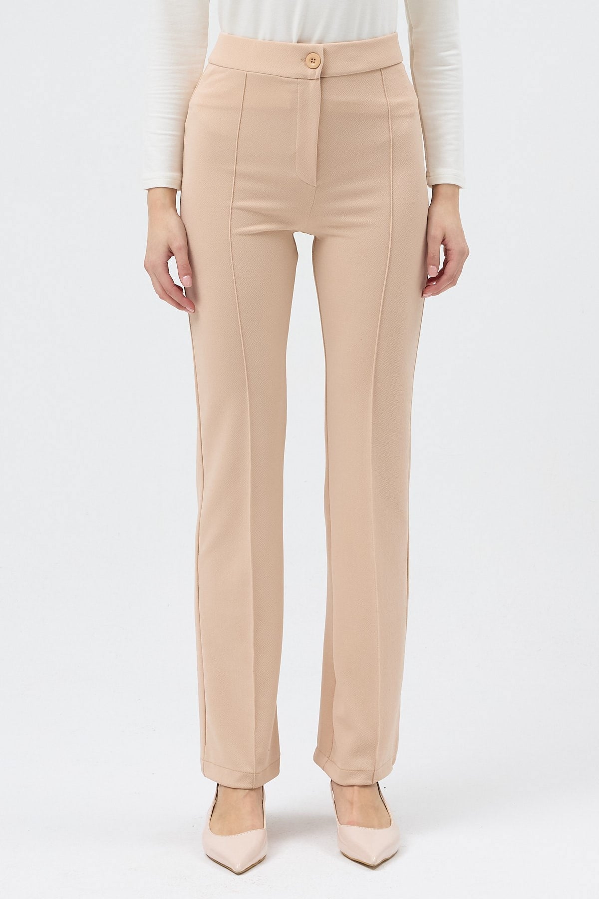 Bej Straight/Düz Kesim Yüksek Bel Nervür Dikişli Örme Pantolon TCR-6873A
