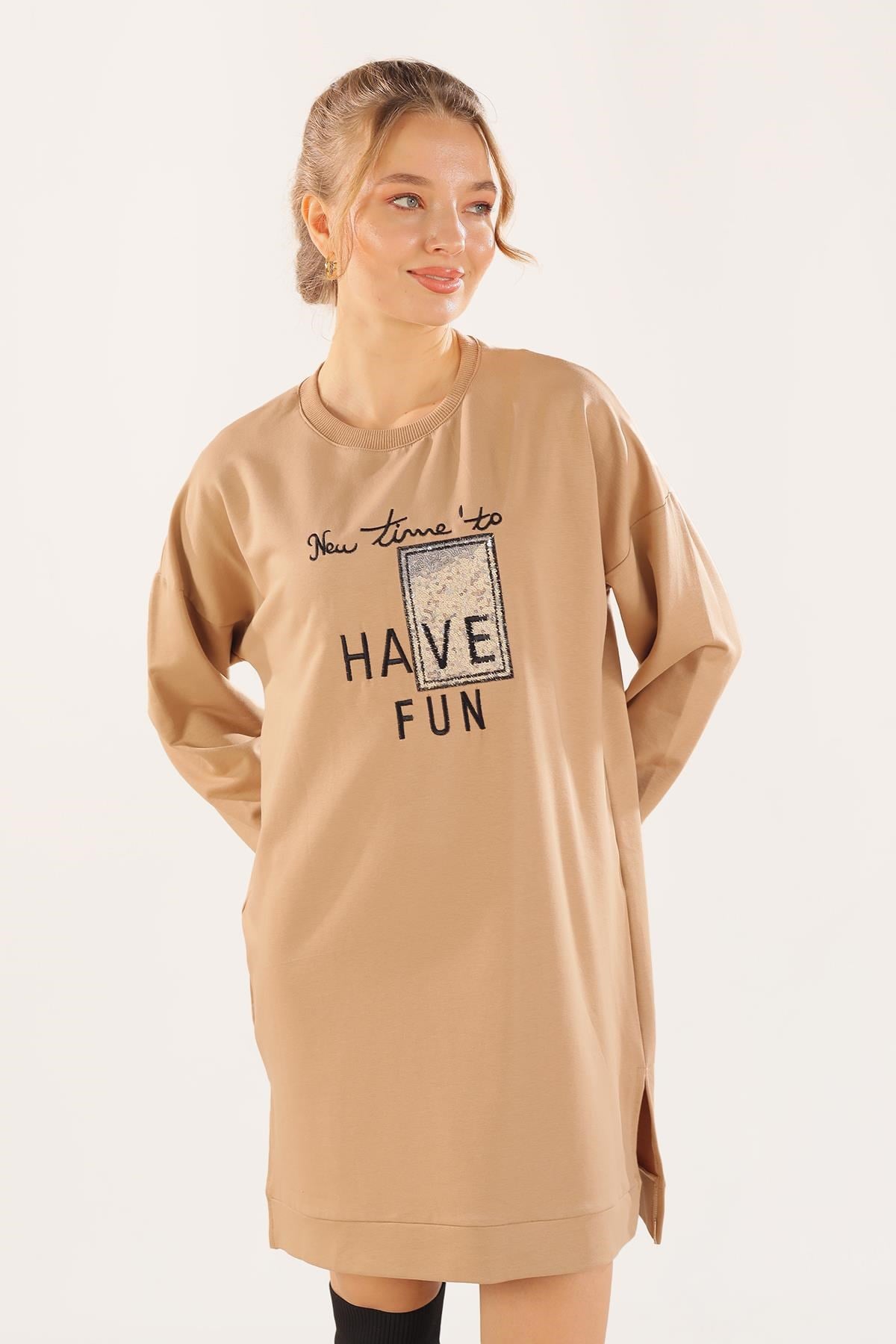 Bej Yazı Baskılı Sweat 3437