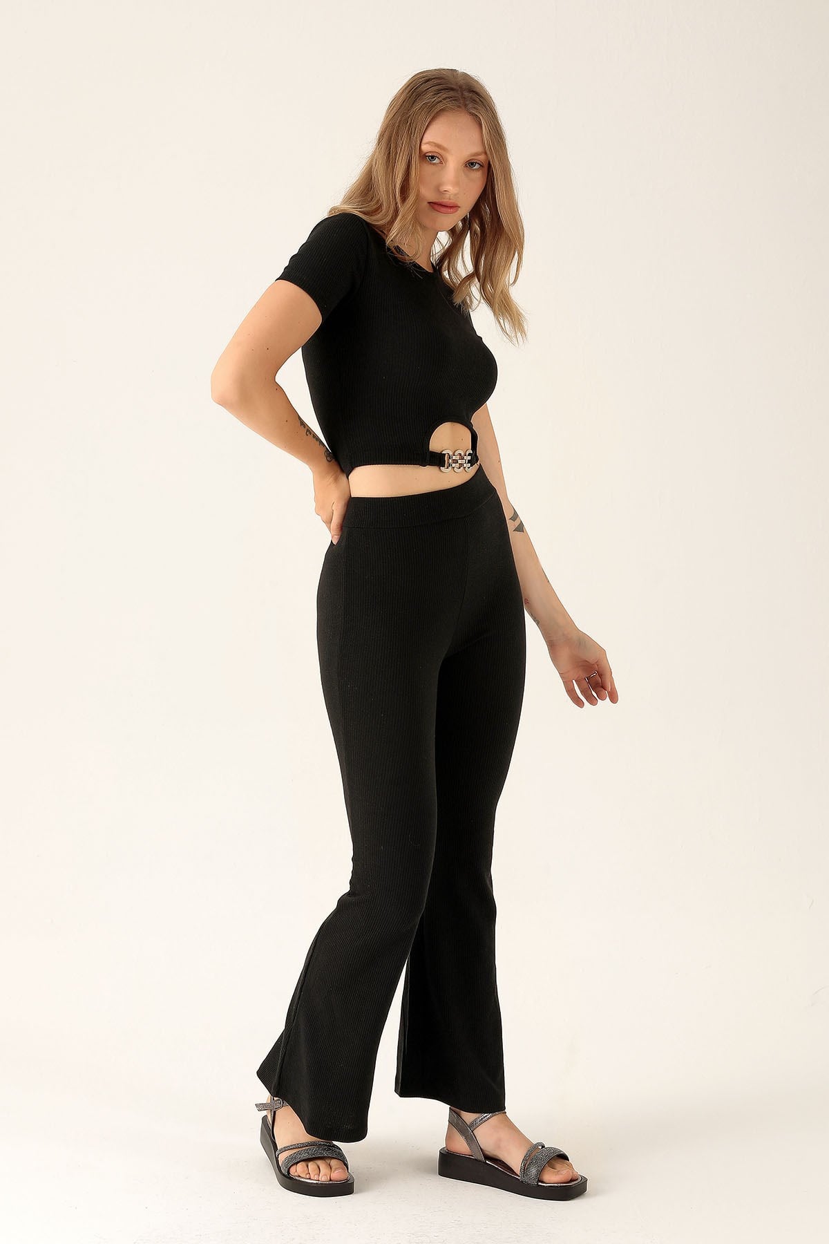 Bel Aksesuar Crop-Bayan Pantolon Takım - 10348 Siyah