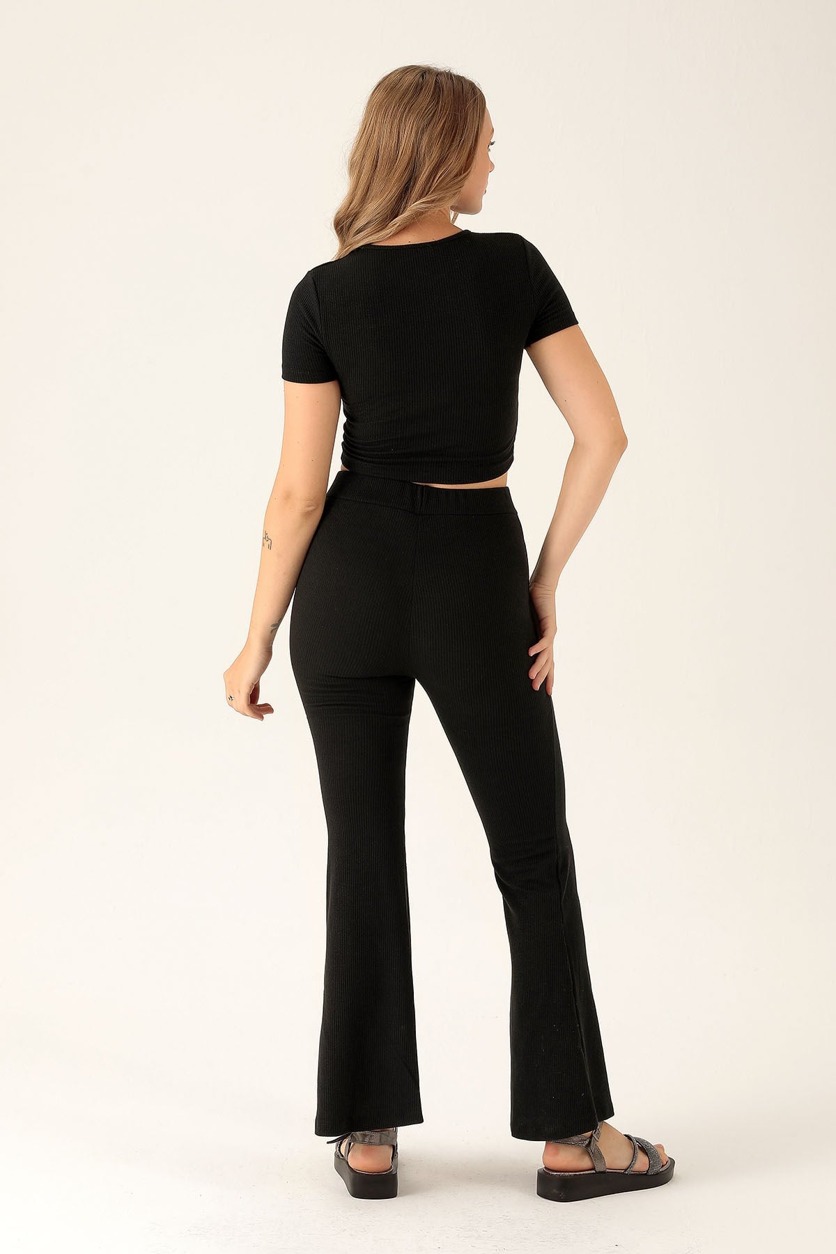 Bel Aksesuar Crop-Bayan Pantolon Takım - 10348 Siyah
