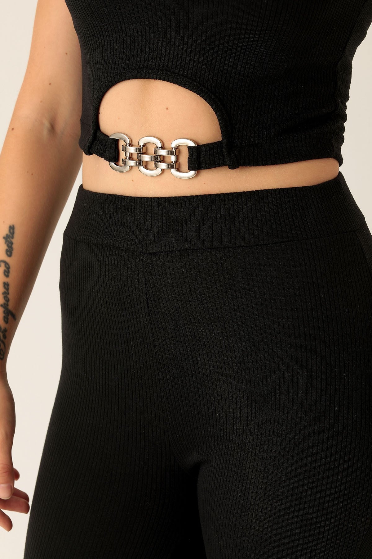 Bel Aksesuar Crop-Bayan Pantolon Takım - 10348 Siyah