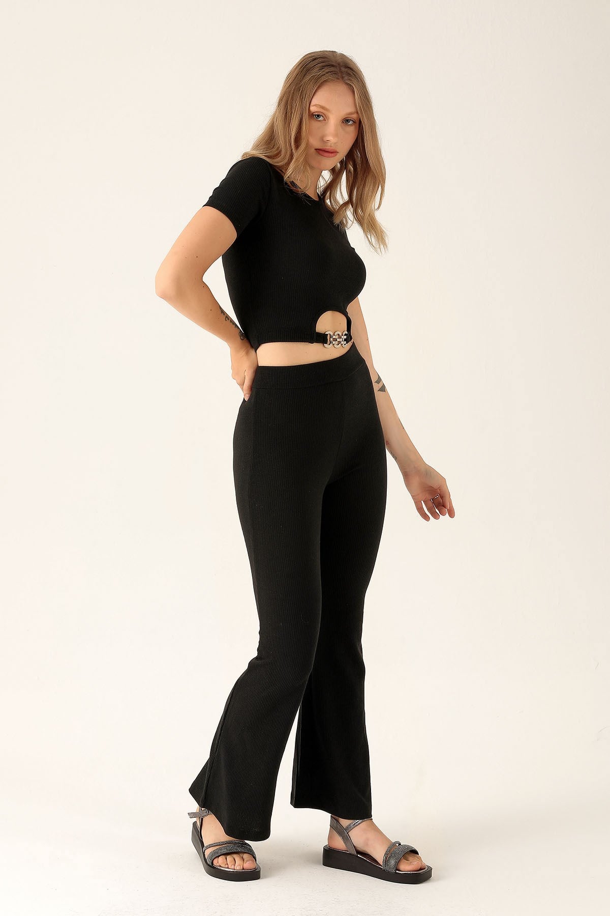 Bel Aksesuar Crop-Bayan Pantolon Takım - 10348 Siyah