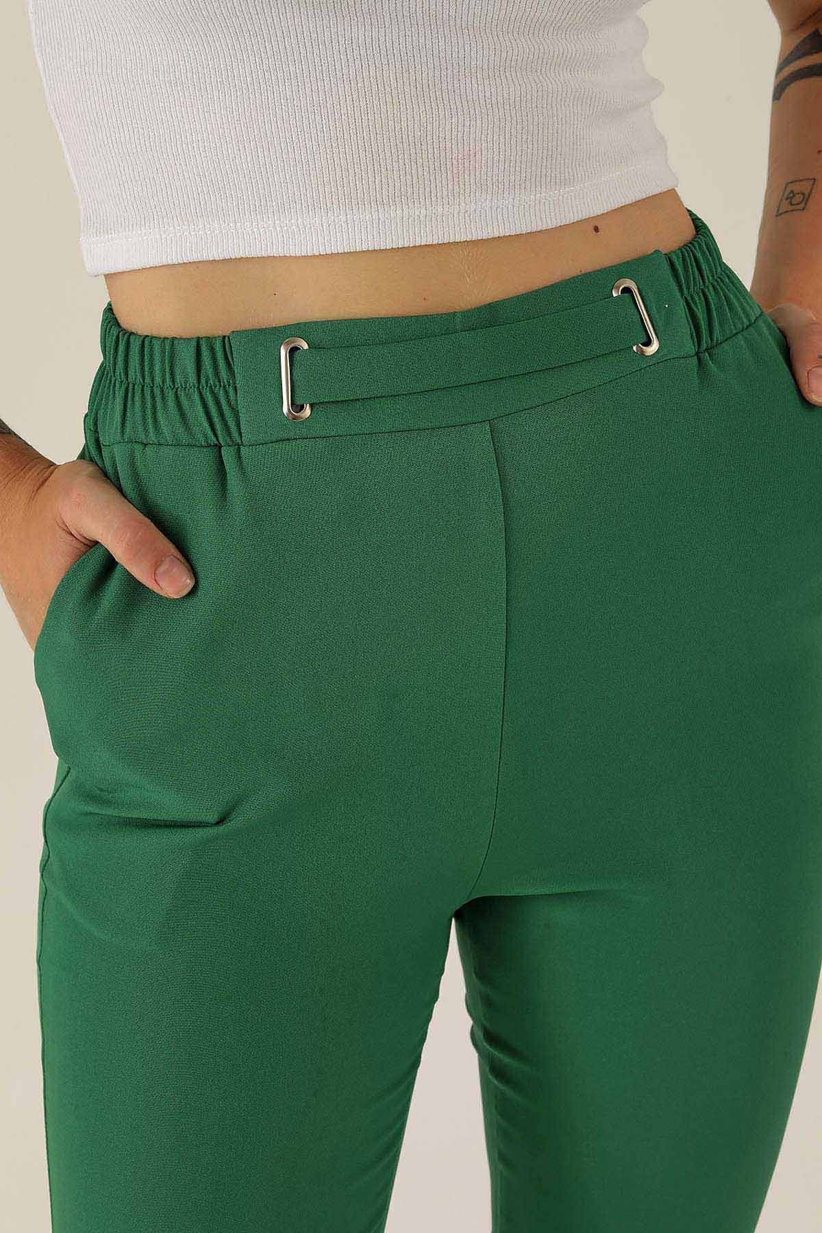 Bel Aksesuarlı Bayan Pantolon - 7105A Benetton Yeşili