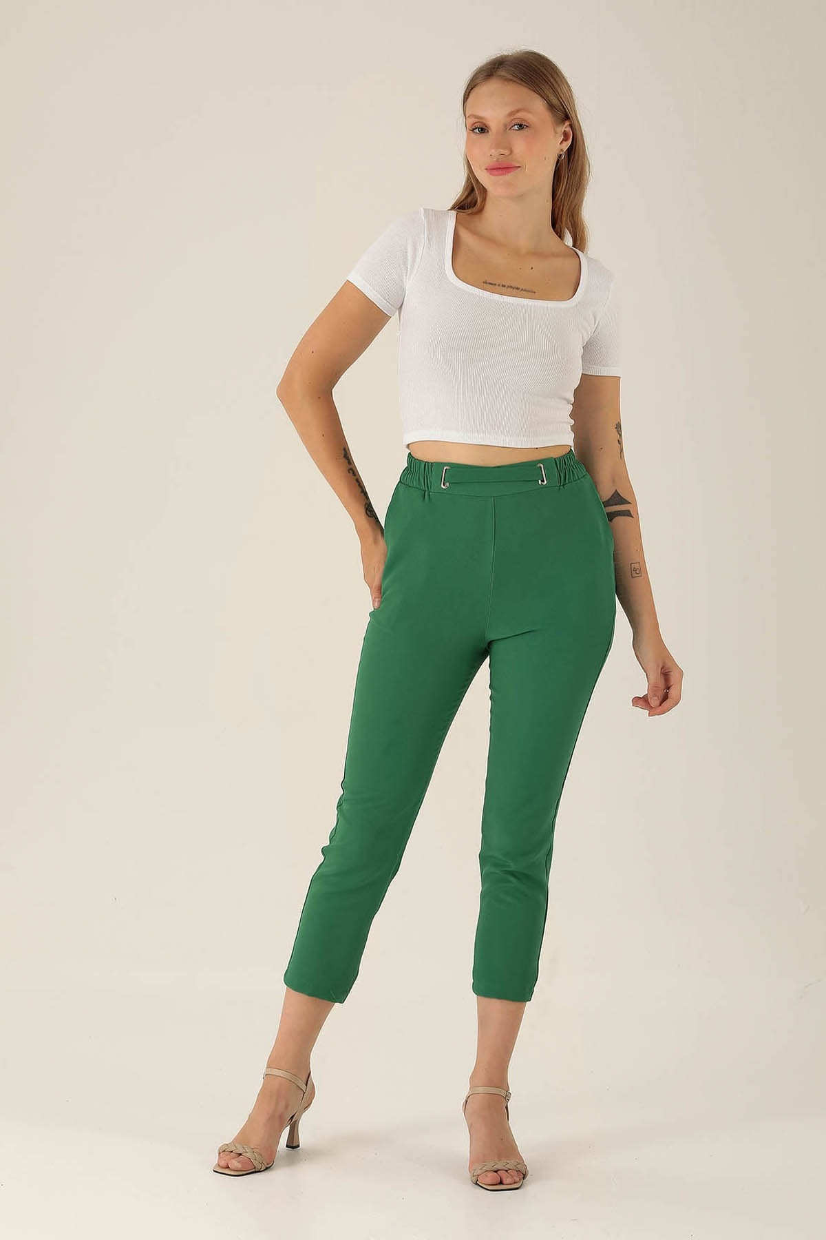 Bel Aksesuarlı Bayan Pantolon - 7105A Benetton Yeşili