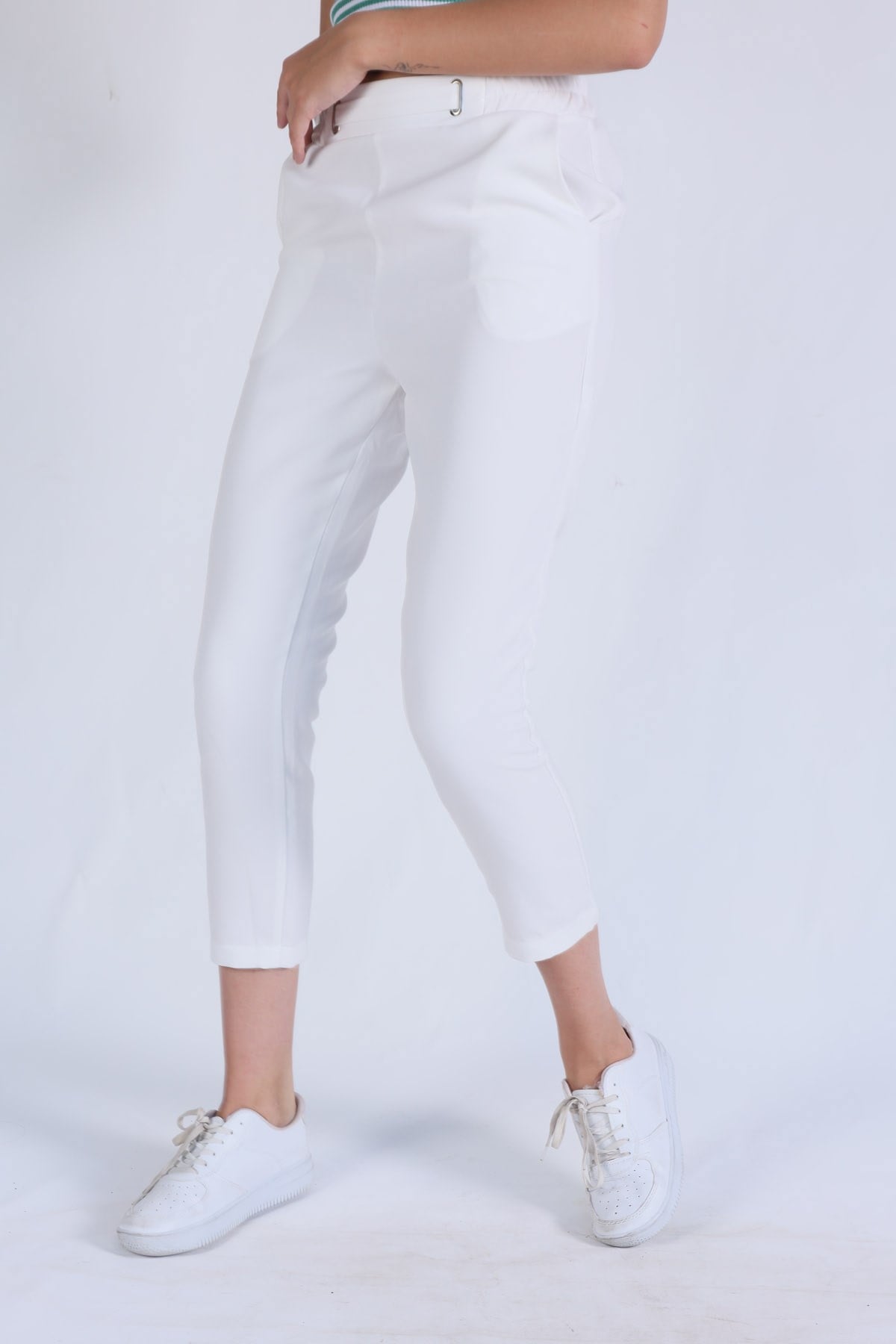 Bel Aksesuarlı Bayan Pantolon - 7105A Ekru