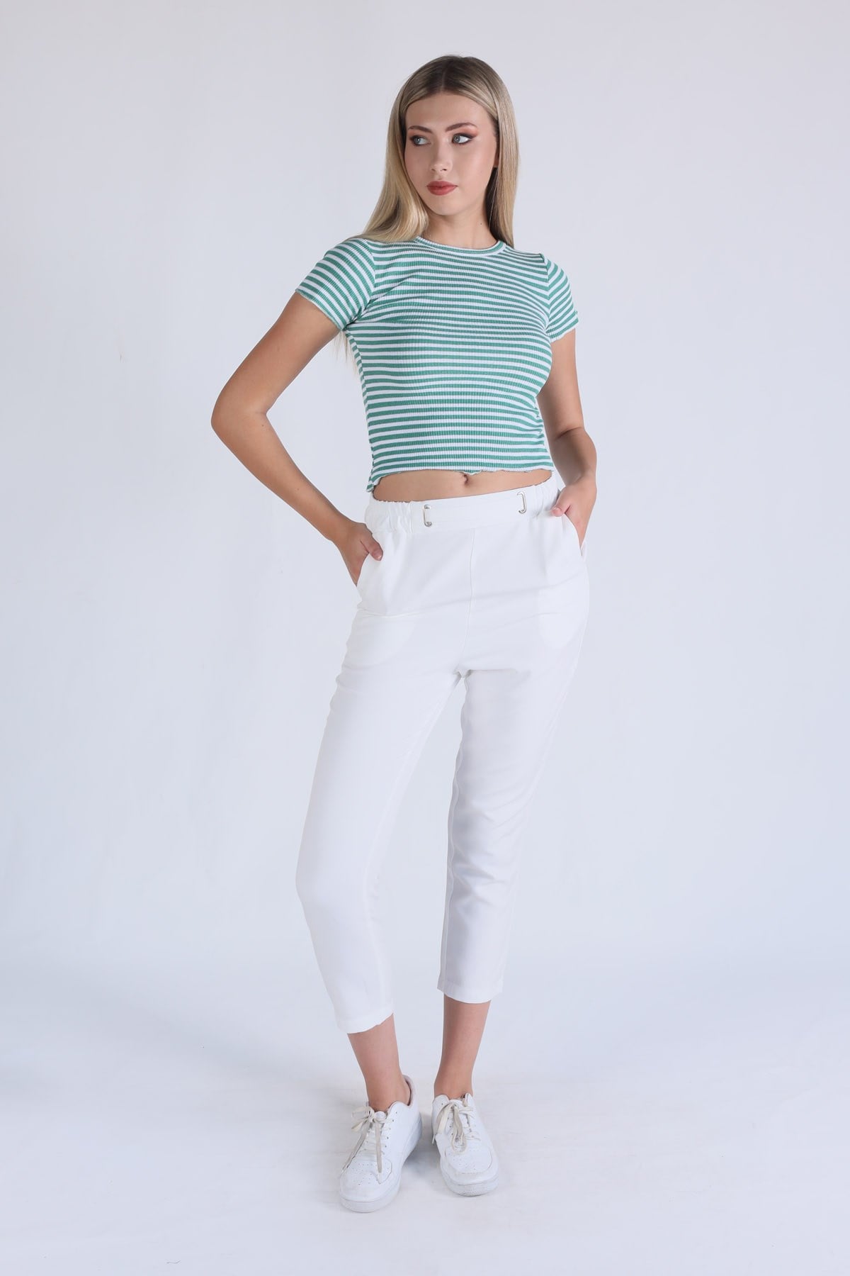 Bel Aksesuarlı Bayan Pantolon - 7105A Ekru