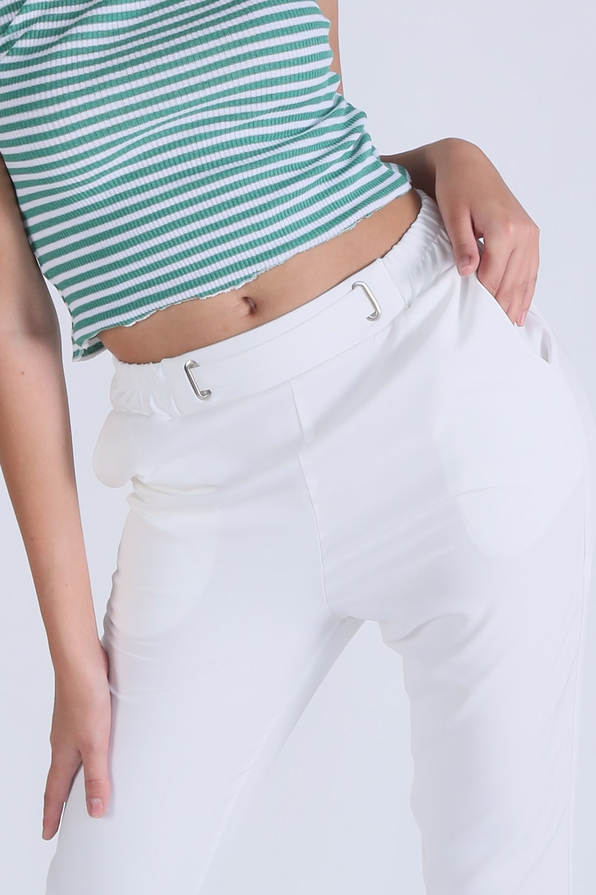 Bel Aksesuarlı Bayan Pantolon - 7105A Ekru