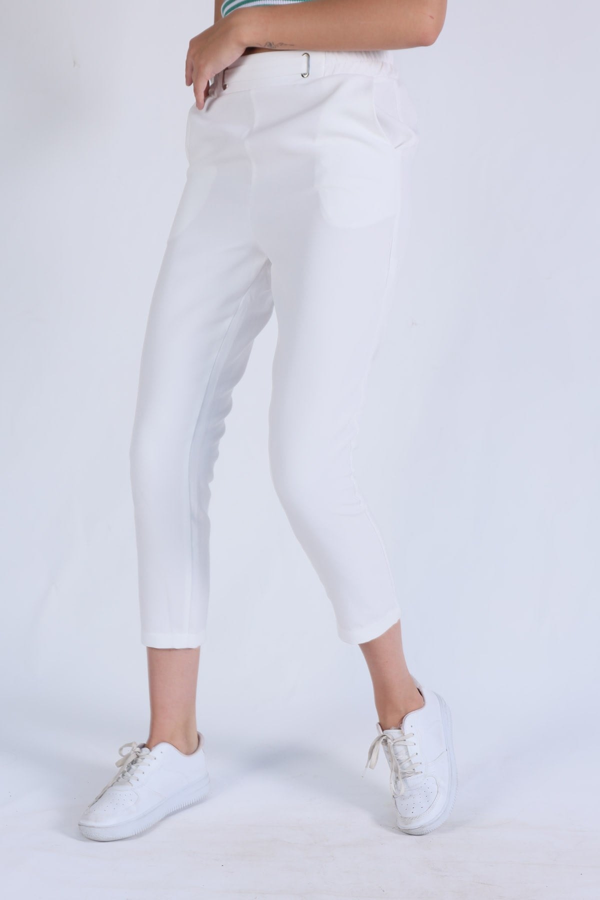 Bel Aksesuarlı Bayan Pantolon - 7105A Ekru