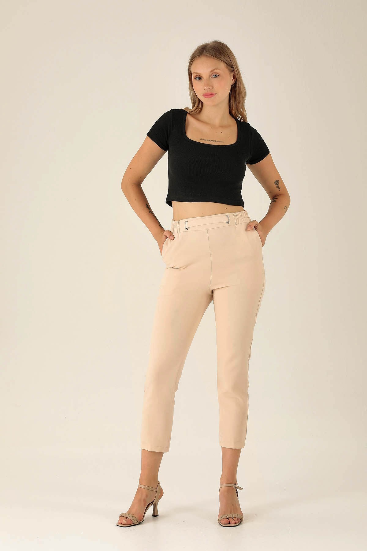 Bel Aksesuarlı Bayan Pantolon - 7105A Taş