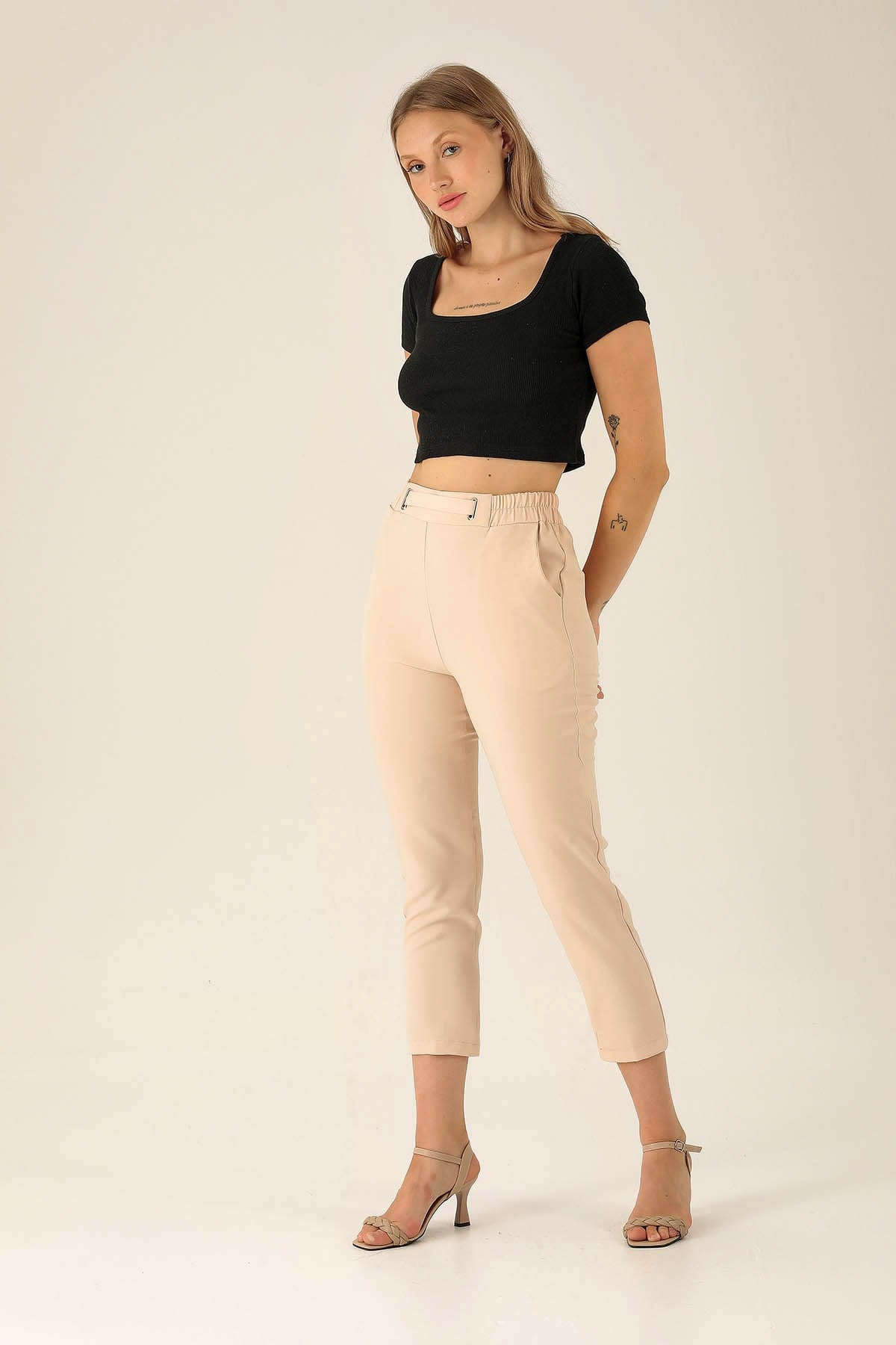 Bel Aksesuarlı Bayan Pantolon - 7105A Taş