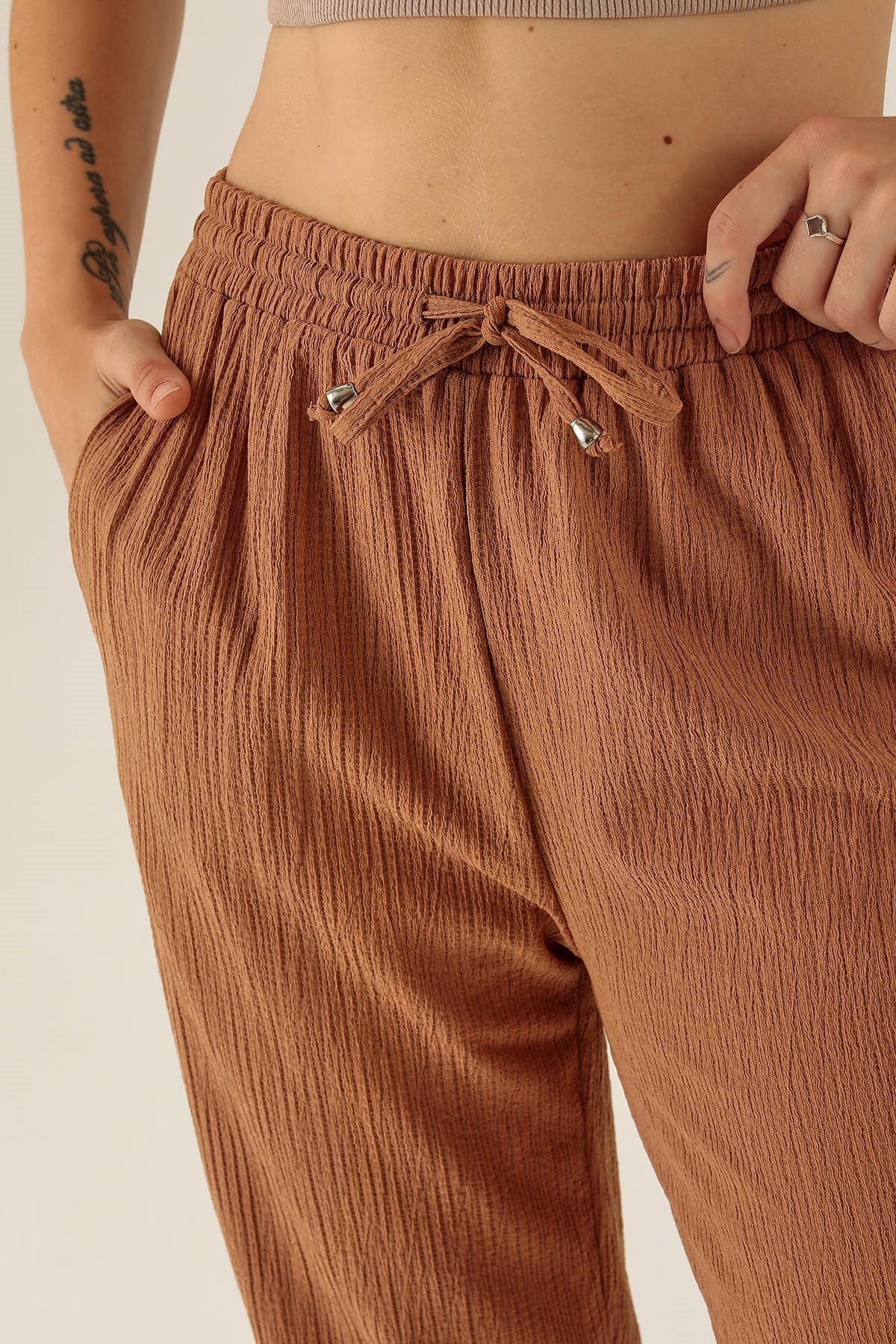 Bel Bağcık Lastikli Bayan Pantolon - 6631A Taba