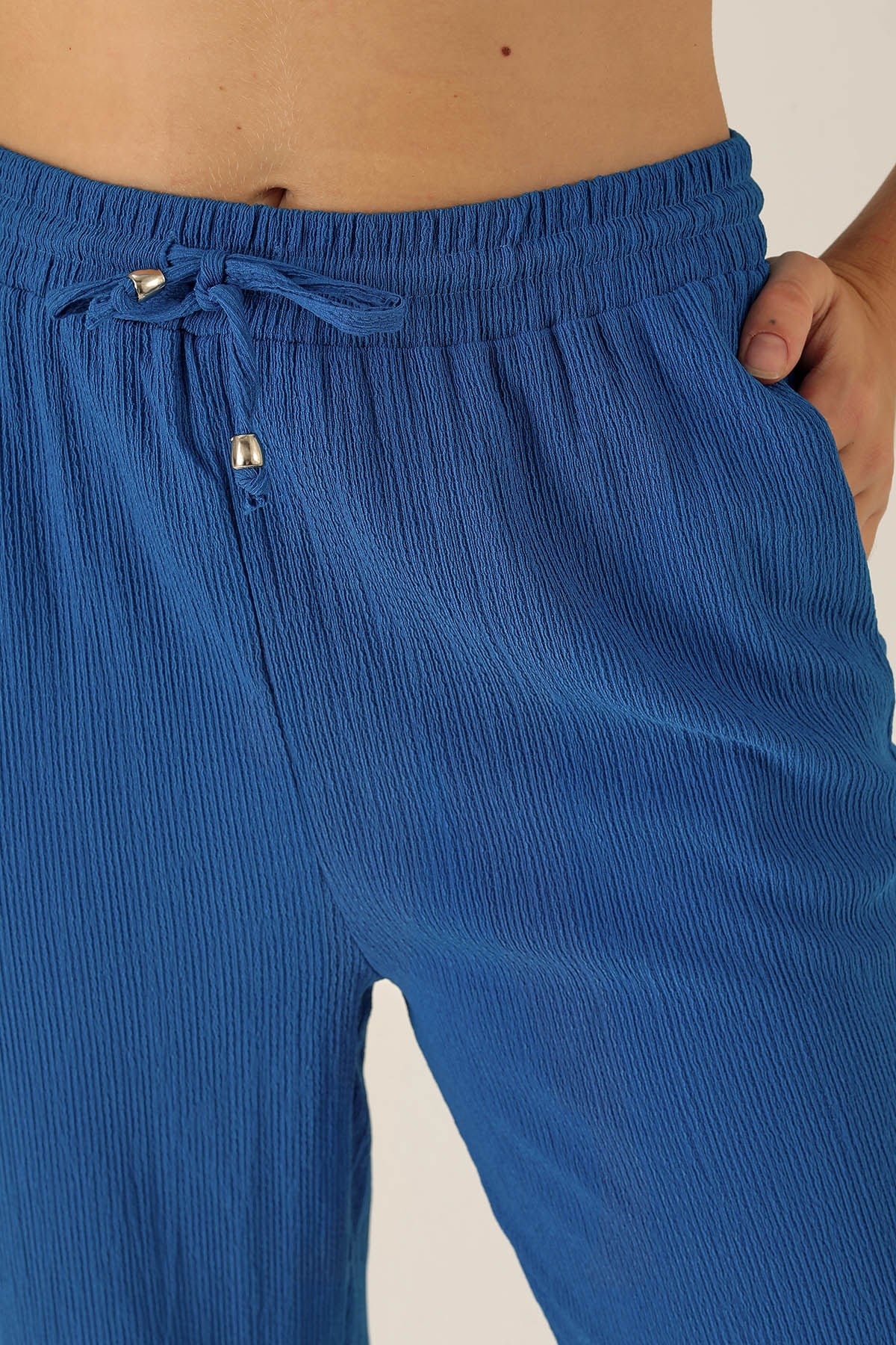 Bel Bağcık Lastikli Bayan Pantolon - 6631A Saks