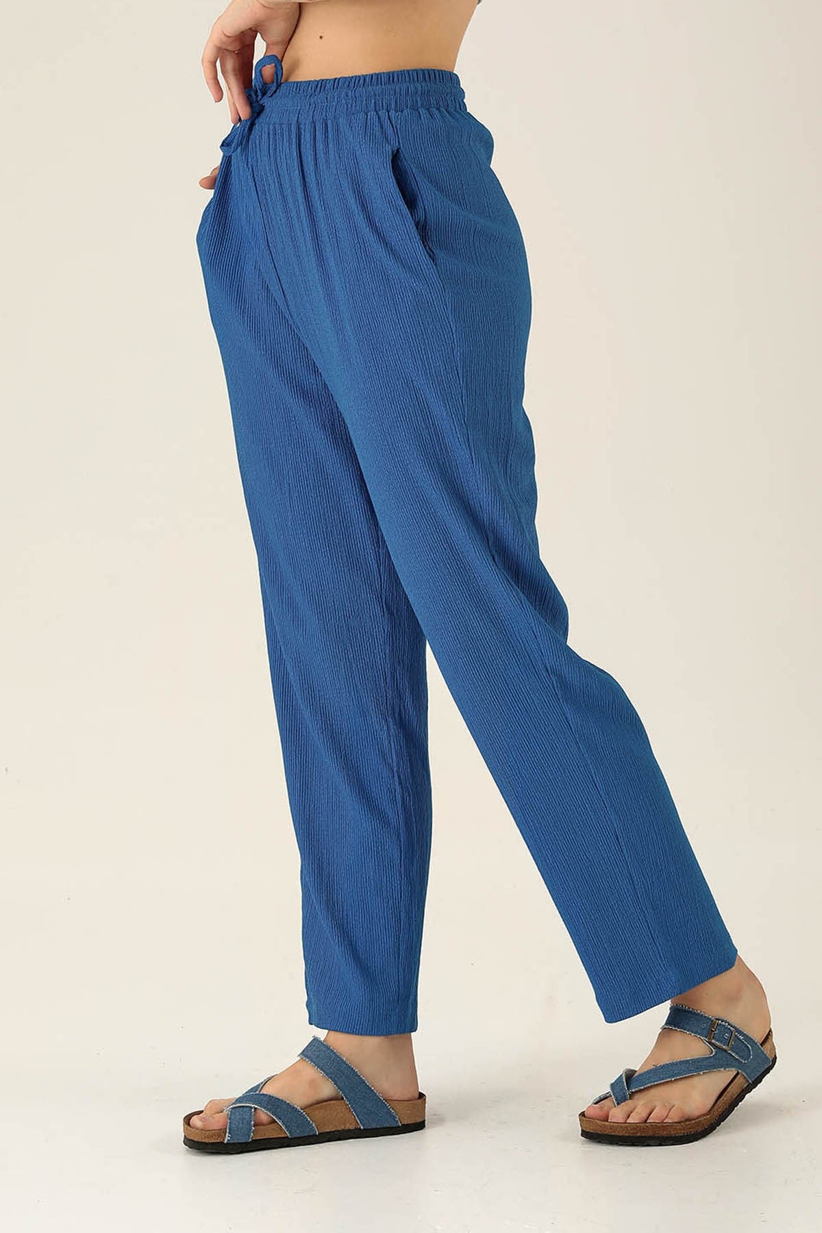 Bel Bağcık Lastikli Bayan Pantolon - 6631A Saks
