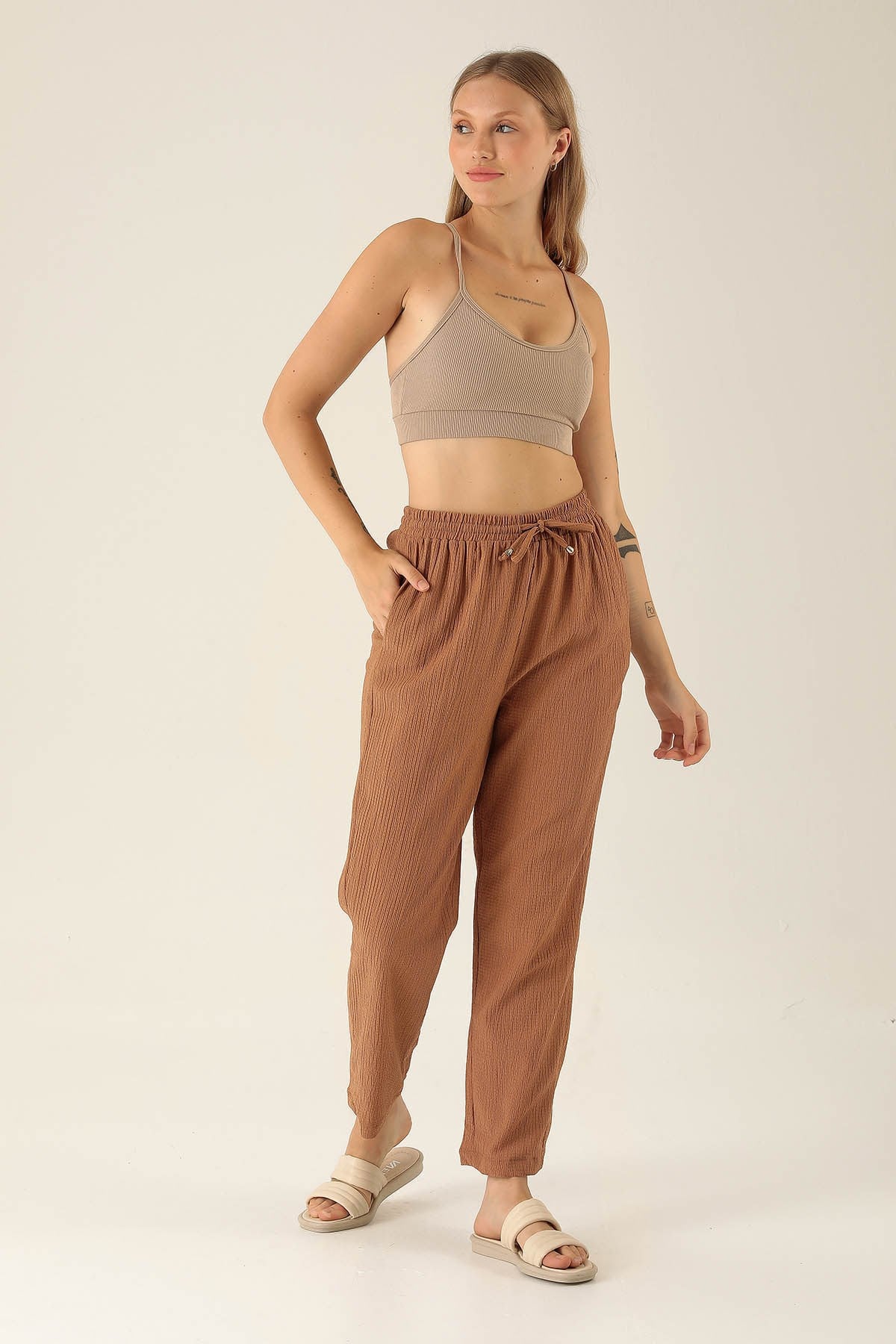 Bel Bağcık Lastikli Bayan Pantolon - 6631A Taba