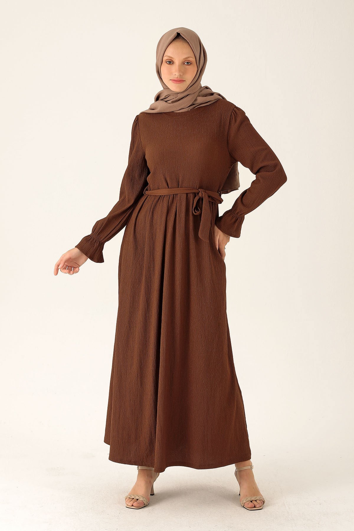 Bel Kuşaklı Elbise - 2613 Acı Kahve