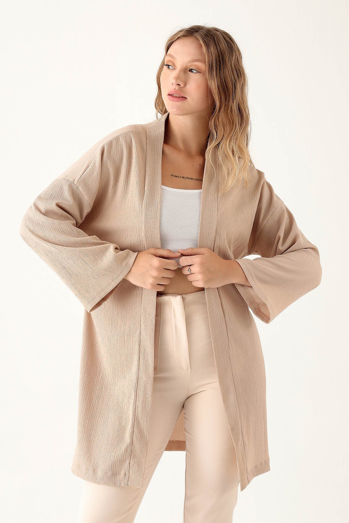 Bel Kuşaklı Kimono - 6538A Bej