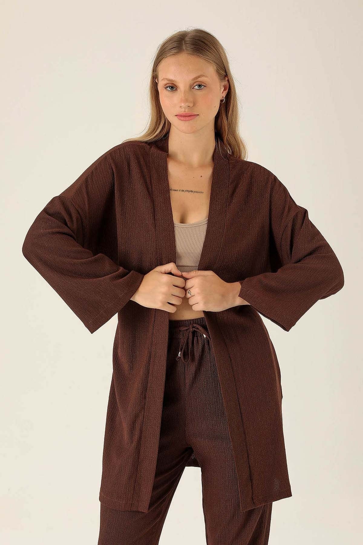 Bel Kuşaklı Kimono - 6538A Kahve