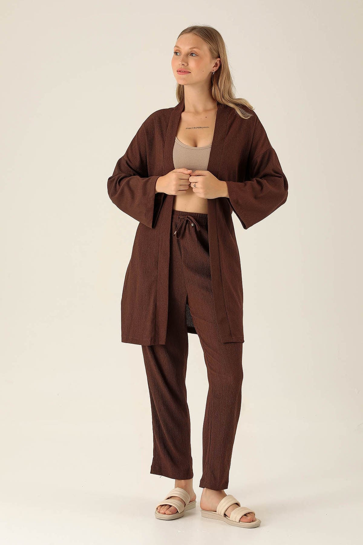 Bel Kuşaklı Kimono - 6538A Kahve