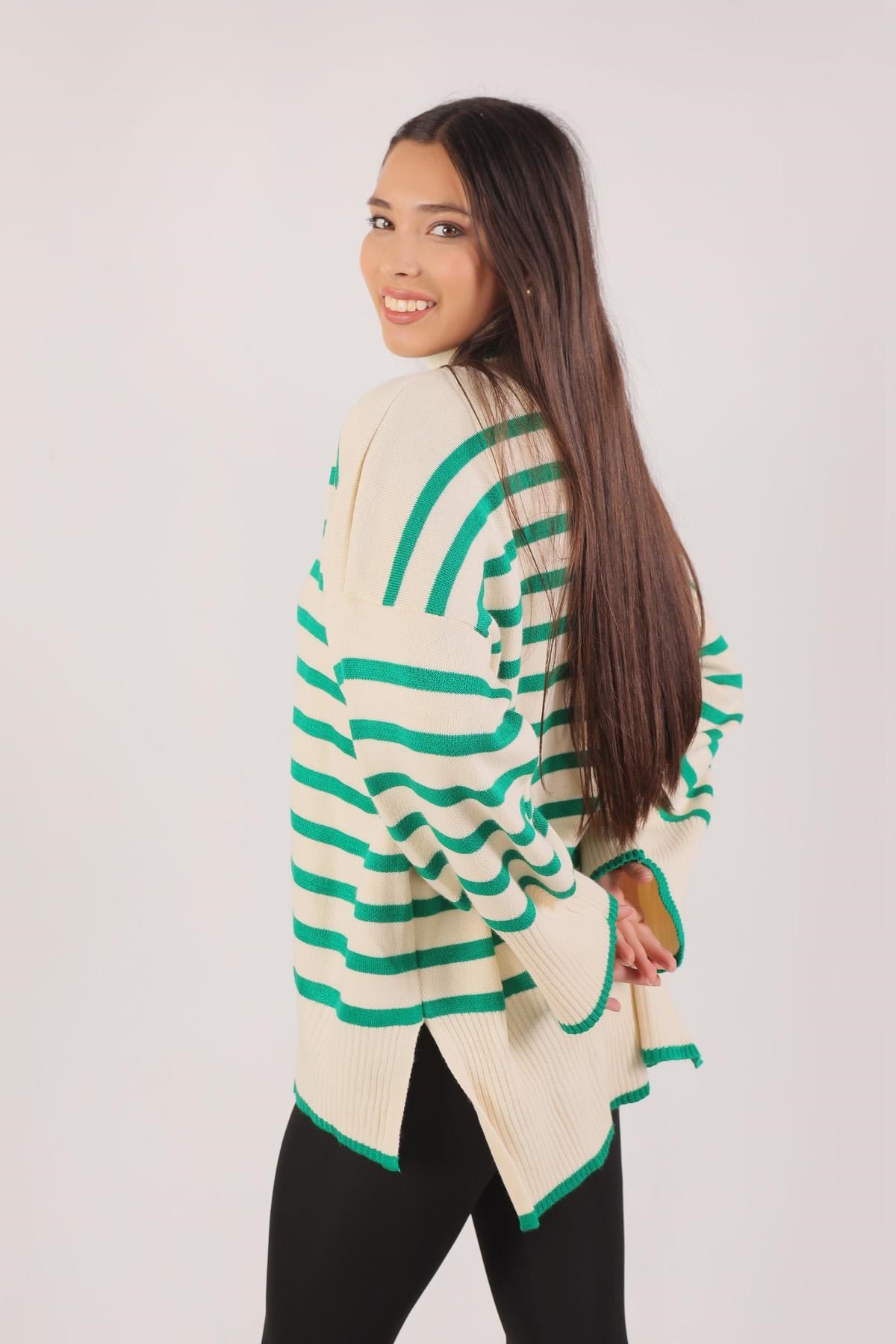 Benetton Yeşili Balıkçı Yaka Çizgili Kazak 1112