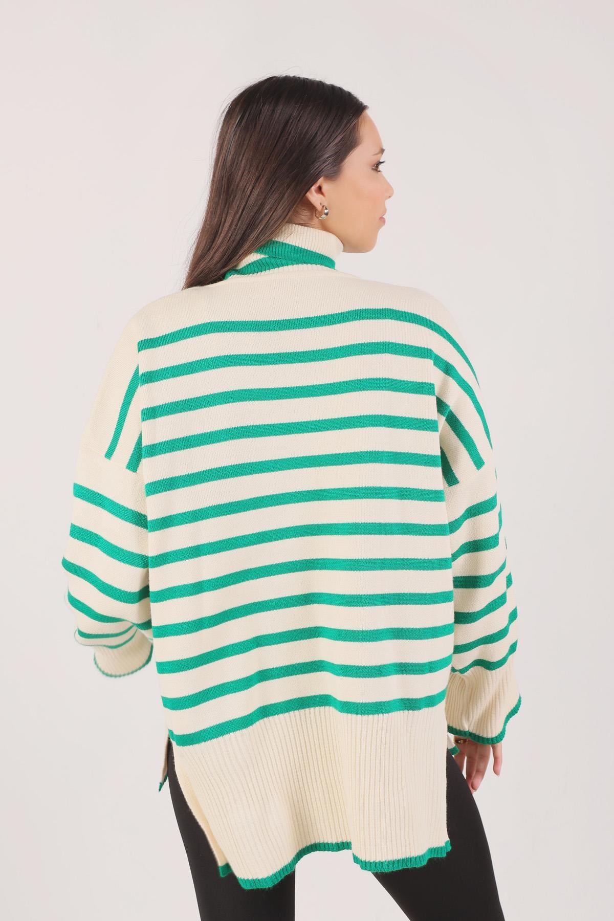 Benetton Yeşili Balıkçı Yaka Çizgili Kazak 1112