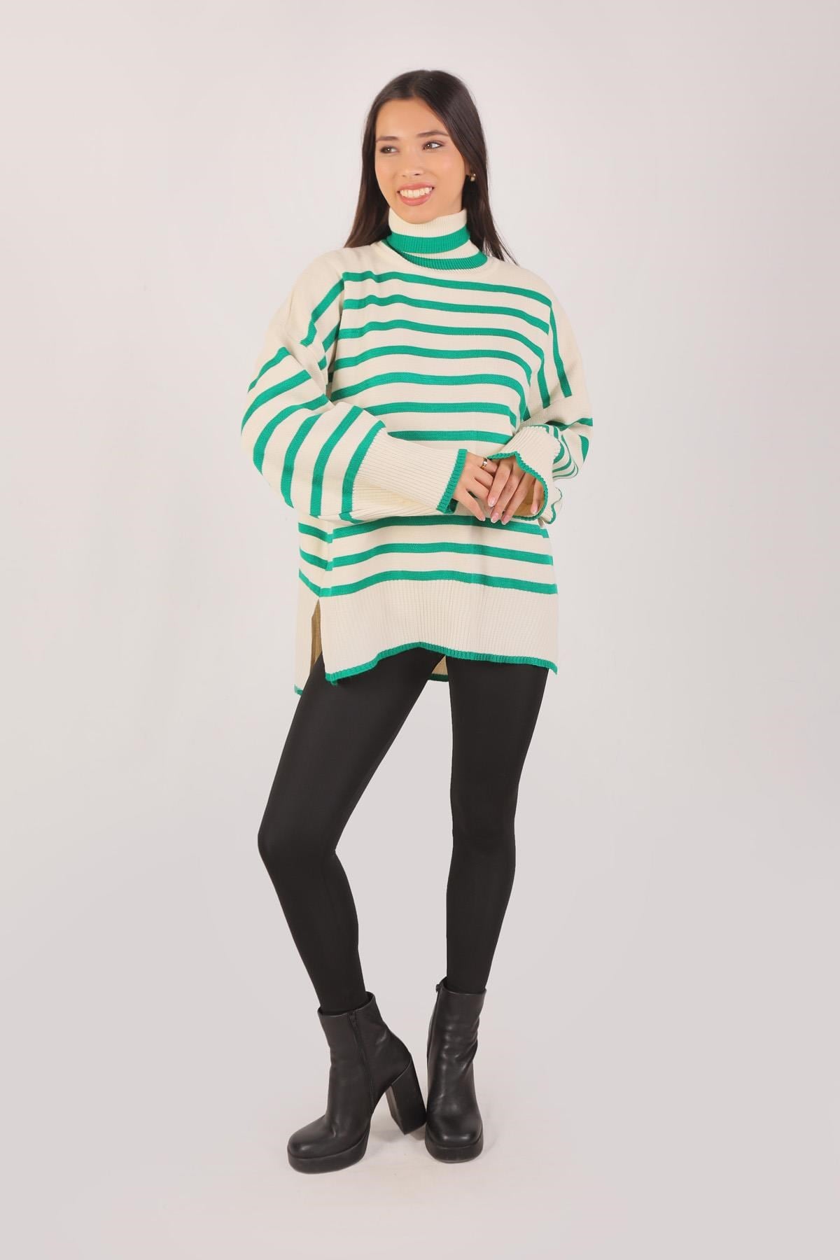 Benetton Yeşili Balıkçı Yaka Çizgili Kazak 1112