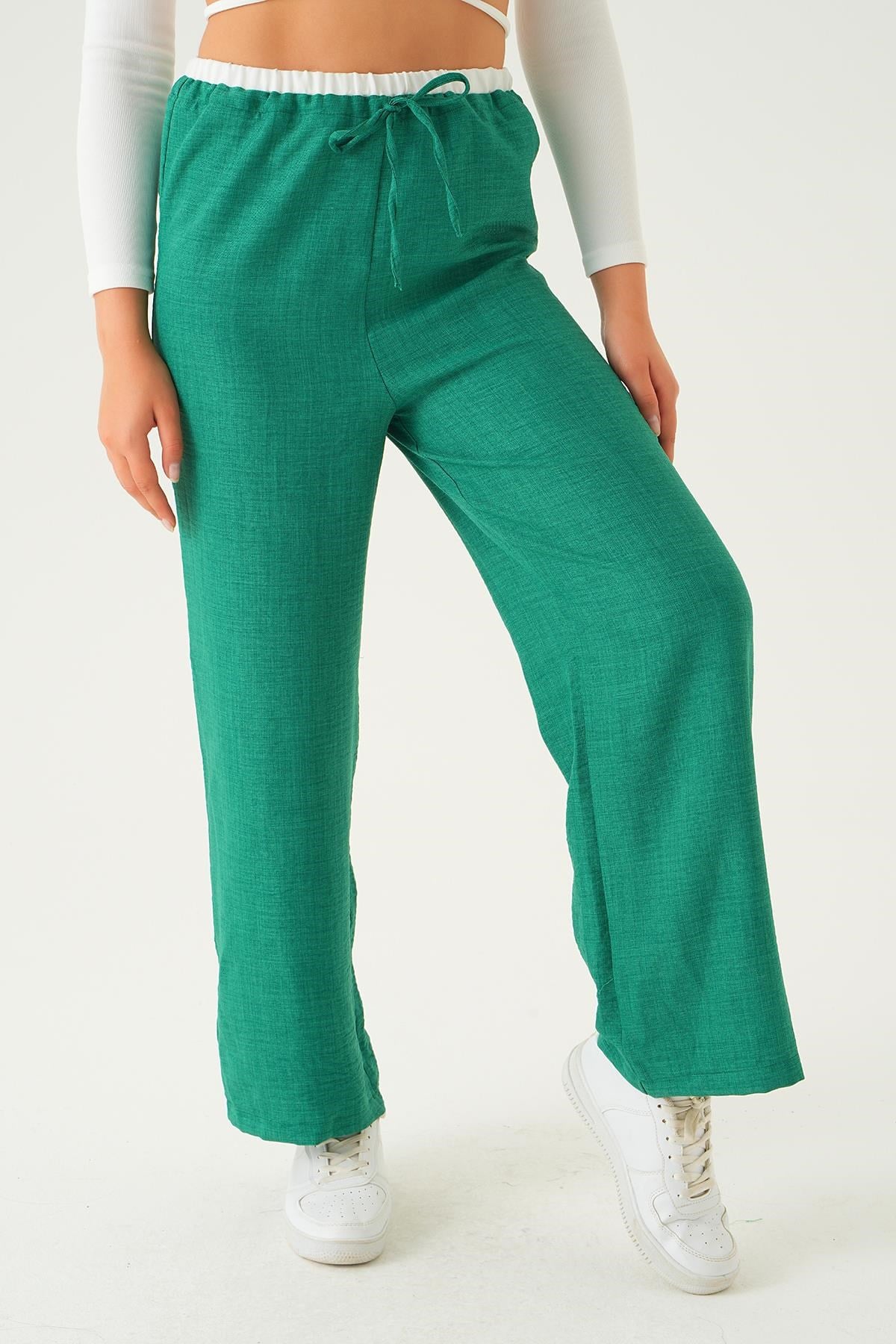 Benetton Yeşili Bel Bağcık Detay Pantolon 4106A