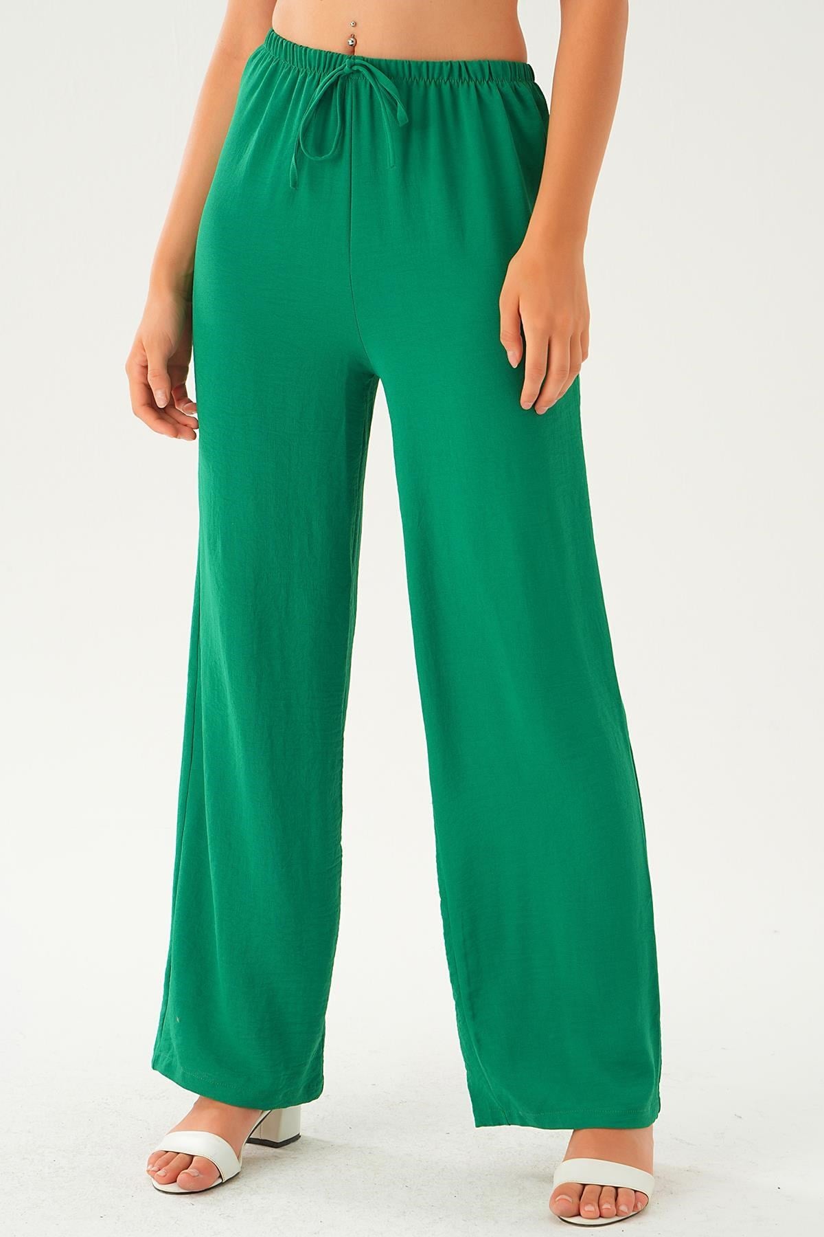 Benetton Yeşili Beli Lastikli Bol Paça Dokuma Pantolon 4284-1