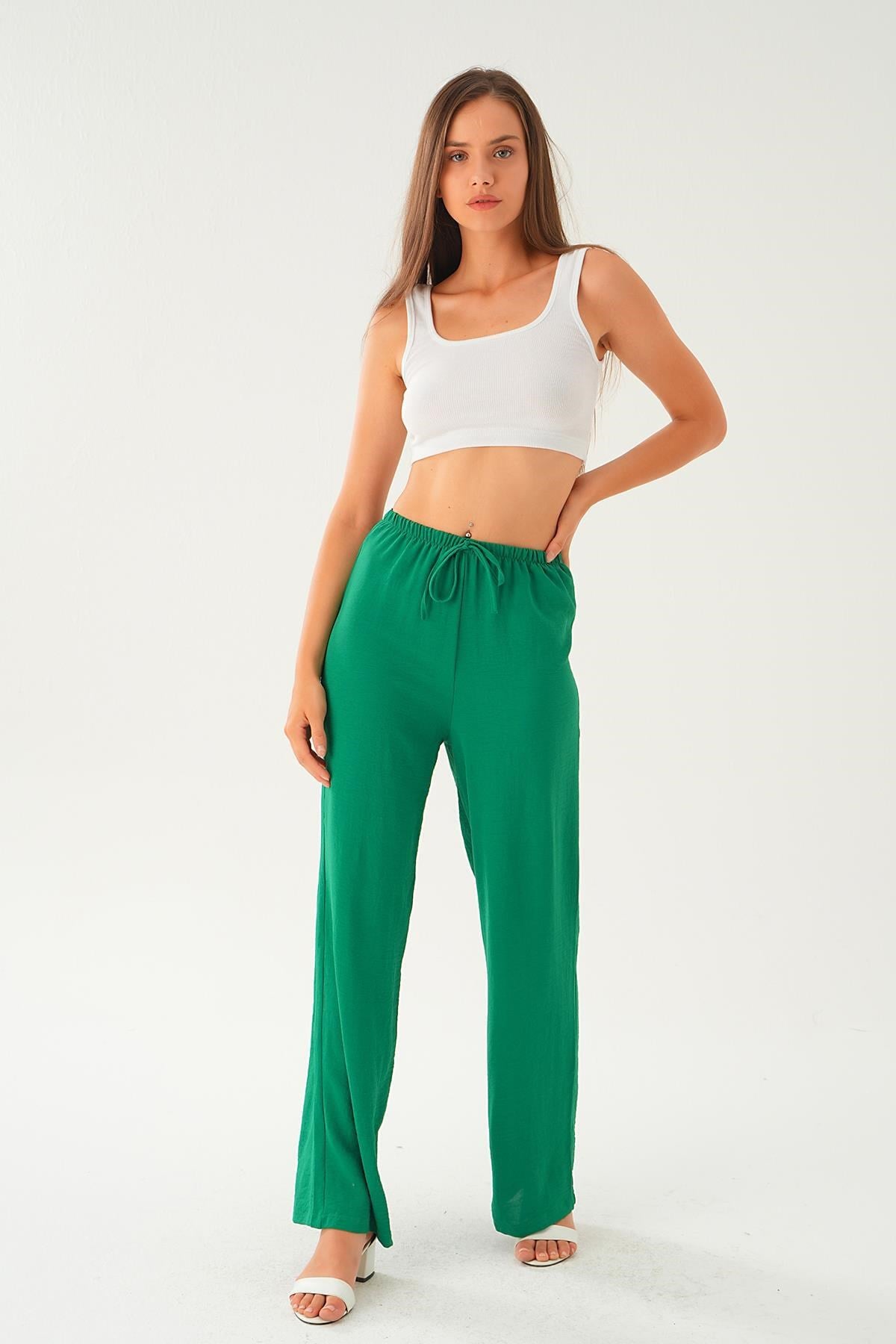 Benetton Yeşili Beli Lastikli Bol Paça Dokuma Pantolon 4284-1