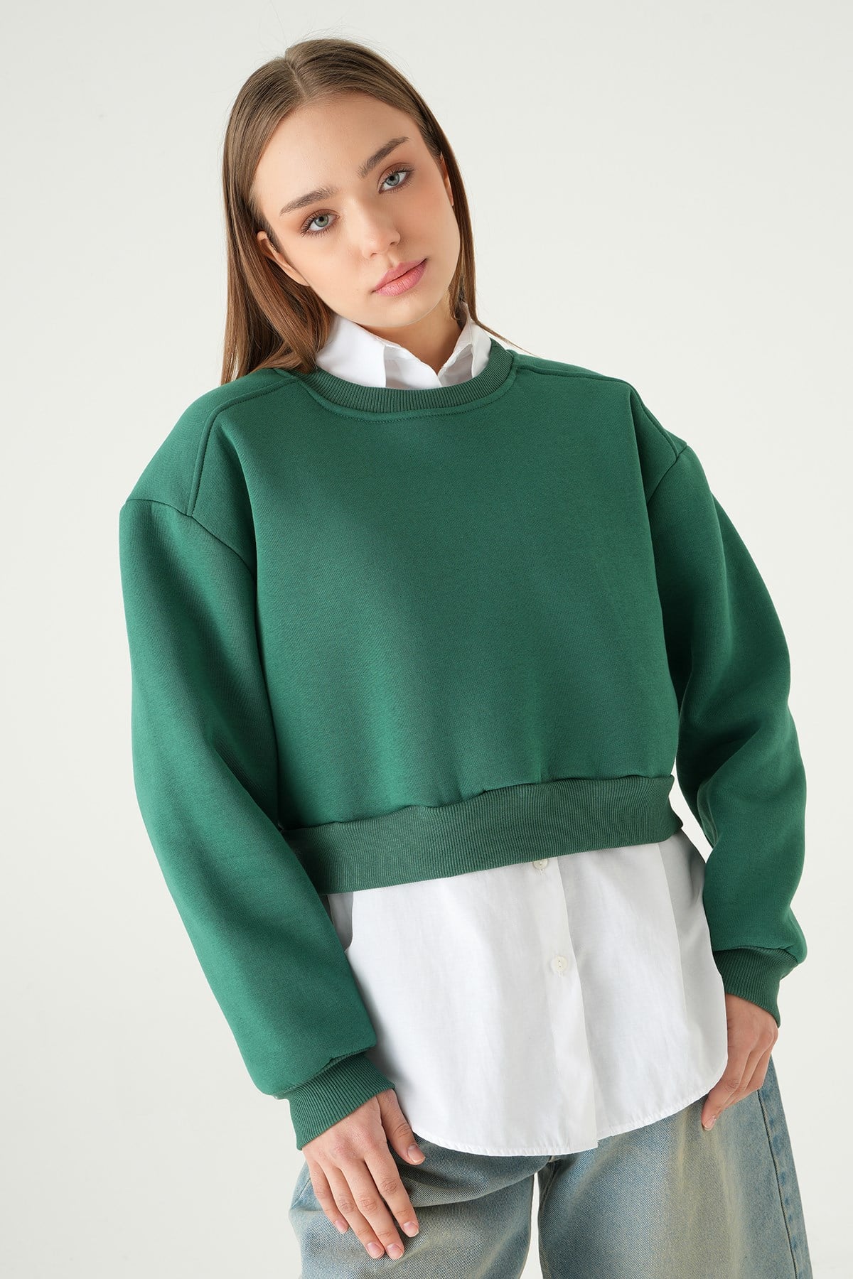 Benetton Yeşili Bisiklet Yaka Crop Sweat 9210M