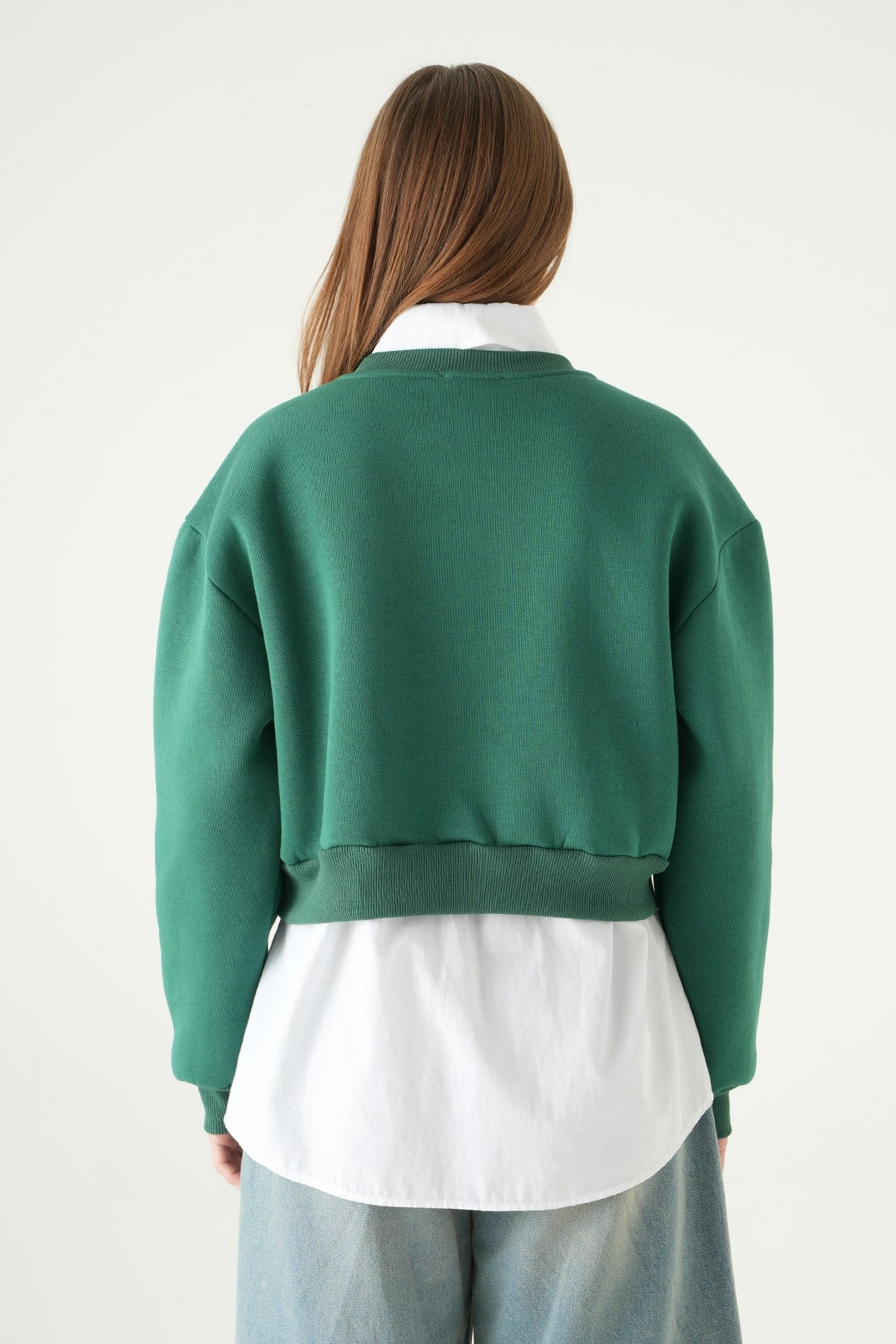 Benetton Yeşili Bisiklet Yaka Crop Sweat 9210M