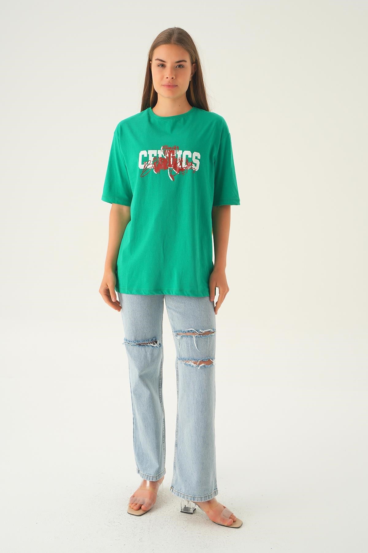 Benetton Yeşili Celtıcs Baskı Oversize Tişört 1701