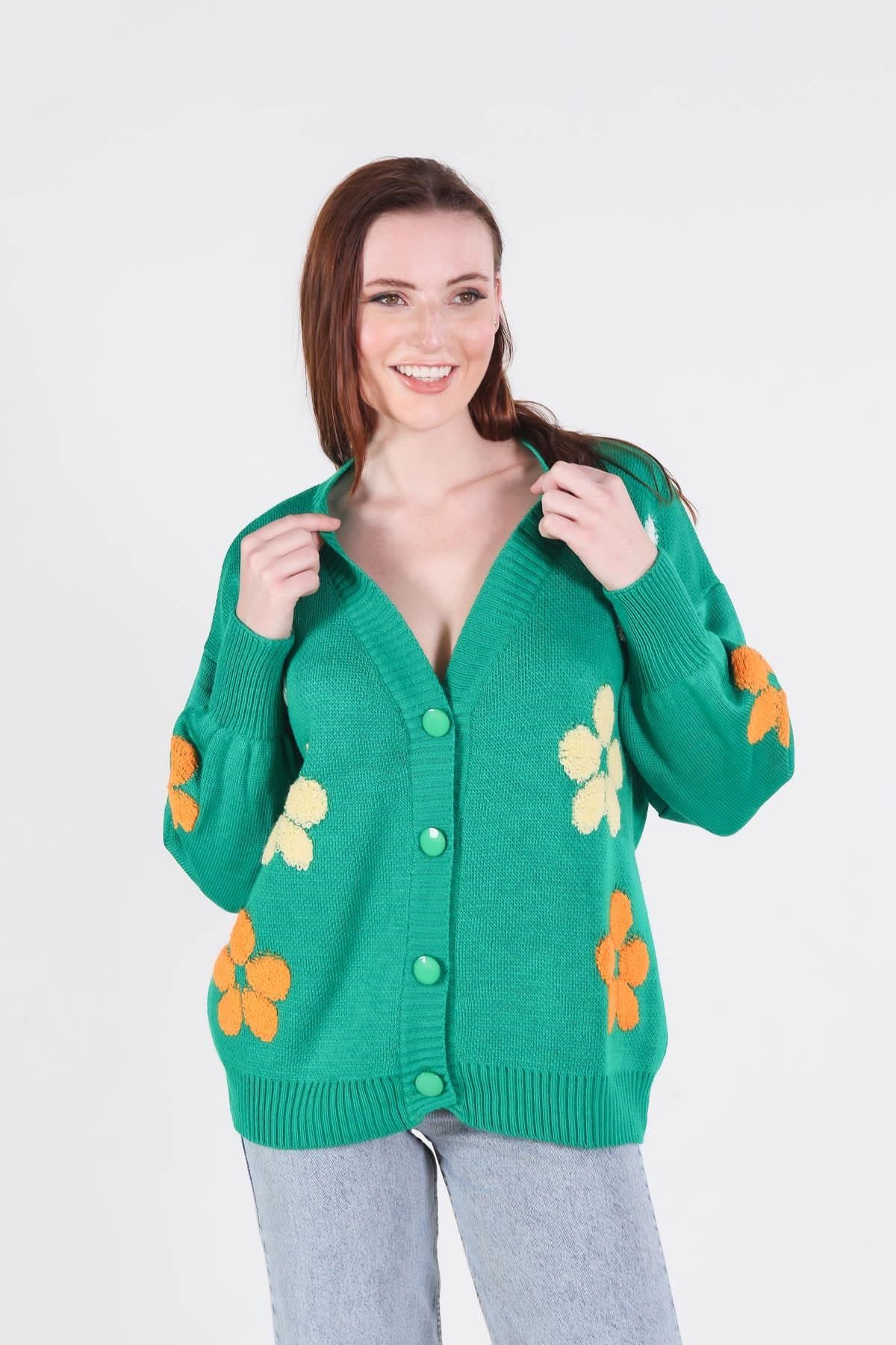 Benetton Yeşili Çiçek Nakışlı Balon Kol Hırka 2208