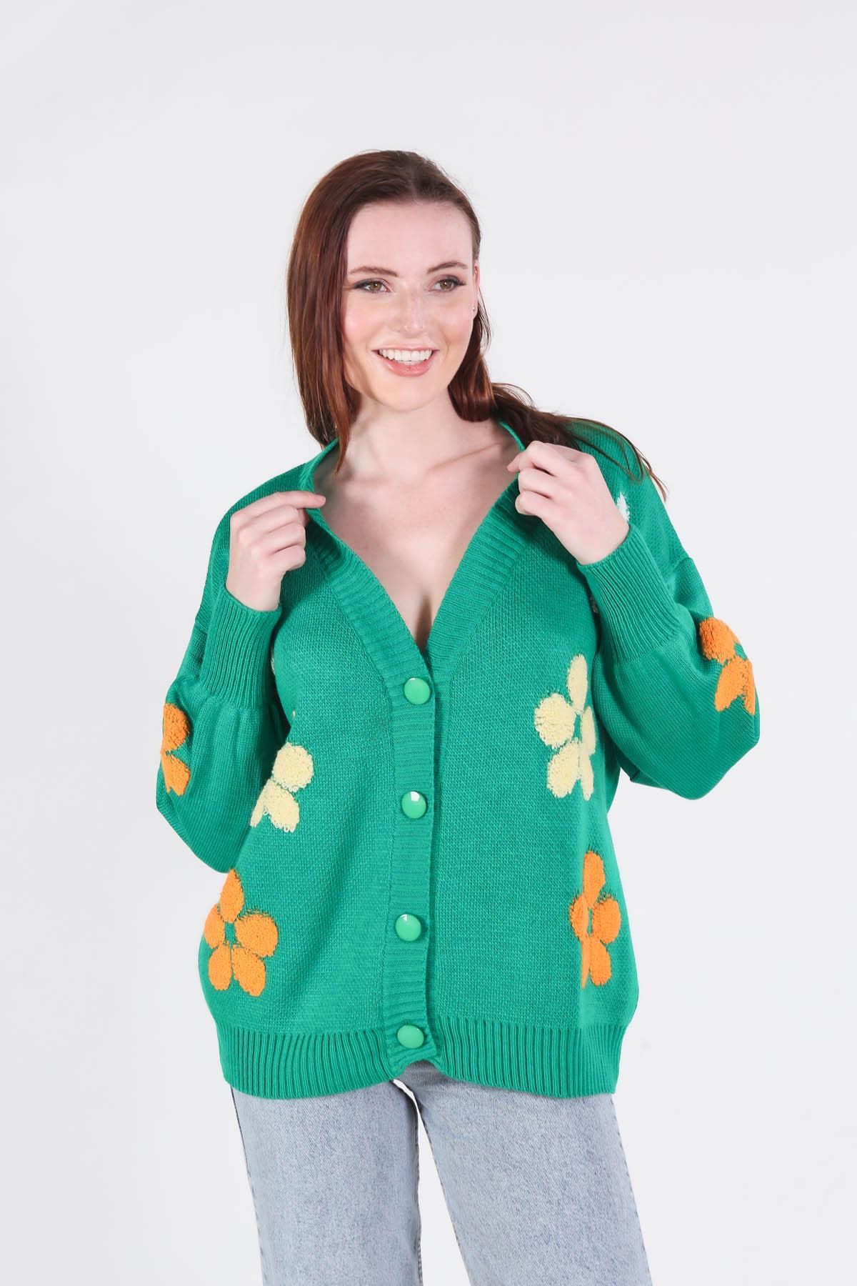 Benetton Yeşili Çiçek Nakışlı Balon Kol Hırka 2208