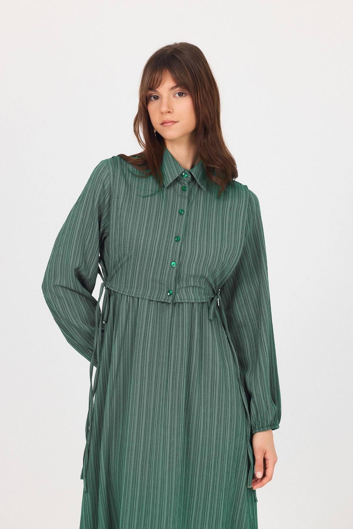 Benetton Yeşili Çift Kullanımlı Çıkma Yakalı Dokuma Elbise 4652A