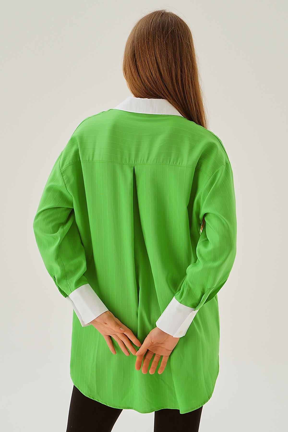 Benetton Yeşili Çizgili Balon Kol Gömlek 6672-1