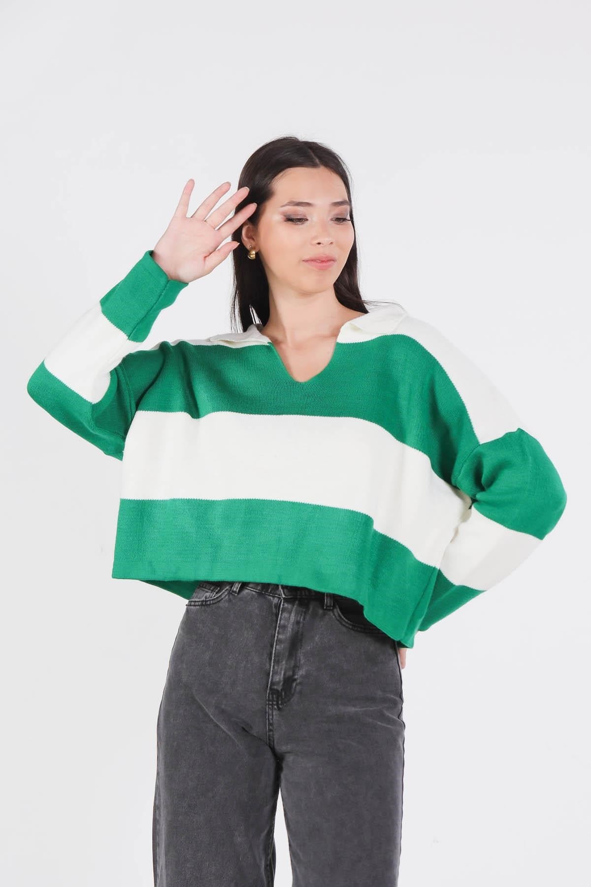 Benetton Yeşili Çizgili Polo Yaka Kazak 6014