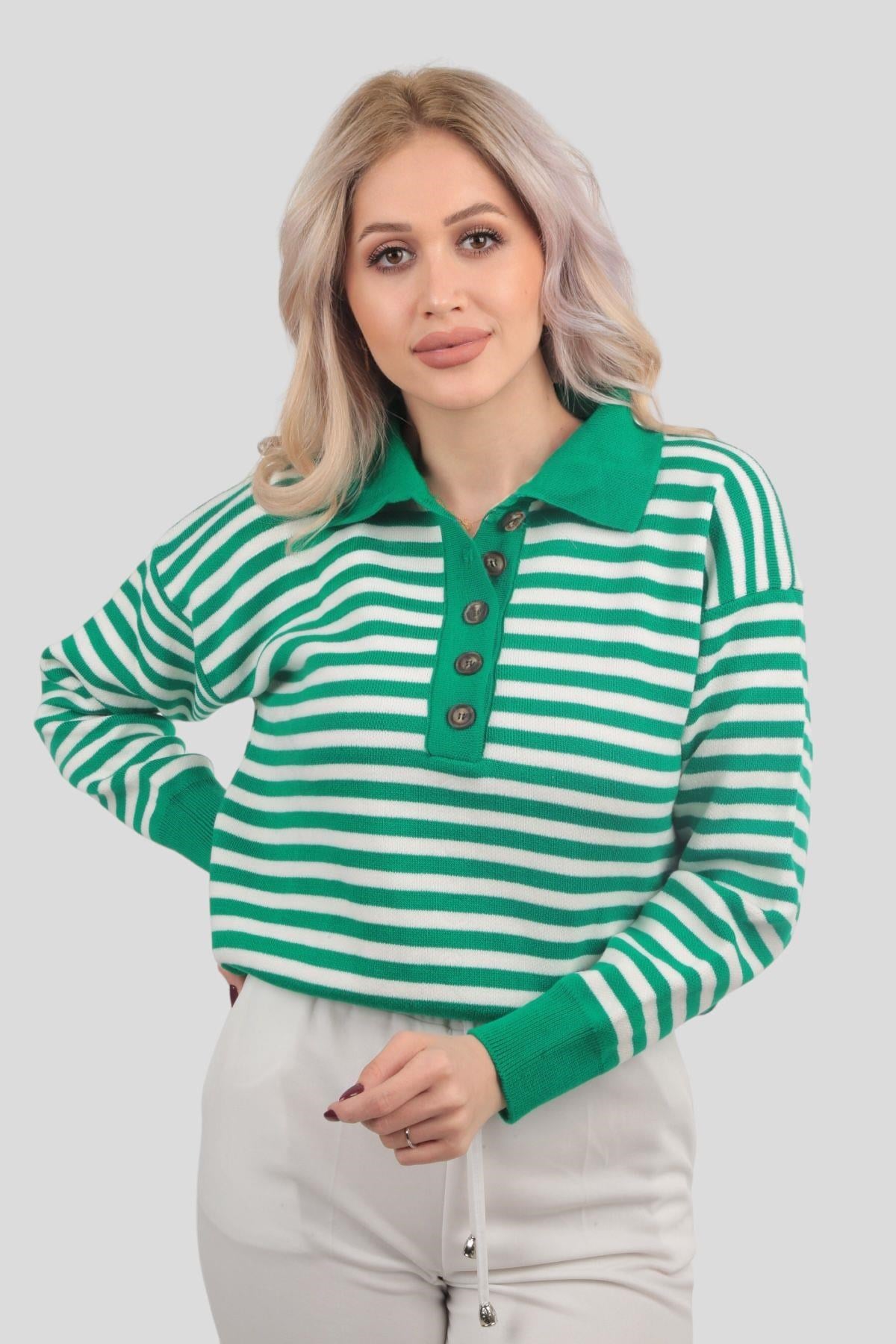 Benetton Yeşili Gömlek Yaka Düğmeli Kazak 3016