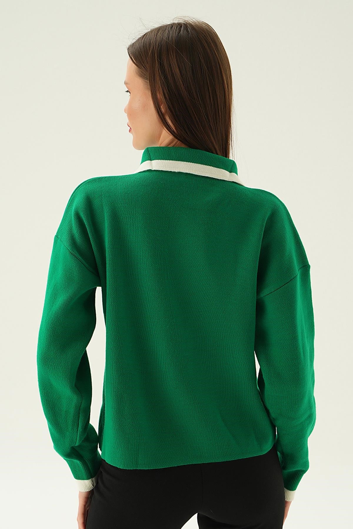 Benetton Yeşili Gömlek Yaka Şerit Detay Kazak 3033
