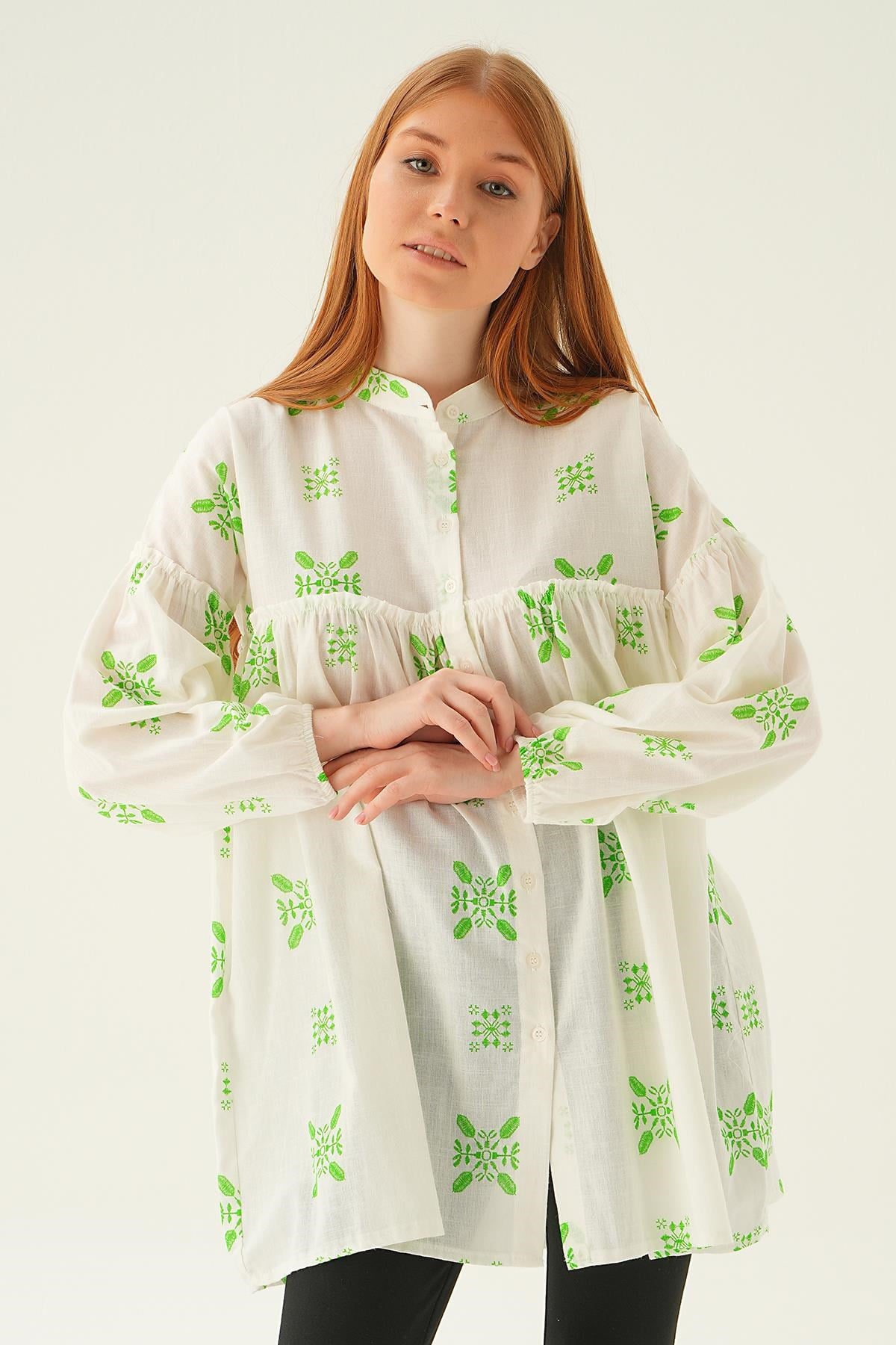 Benetton Yeşili Hakim Yaka Desenli Tunik 6853A