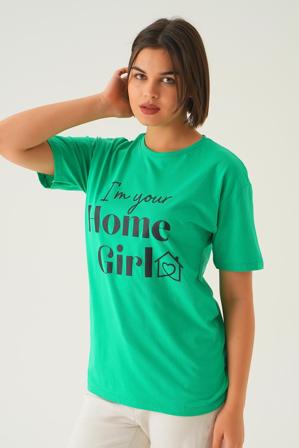 Benetton Yeşili Home Girl Baskı Oversize Tişört 1715
