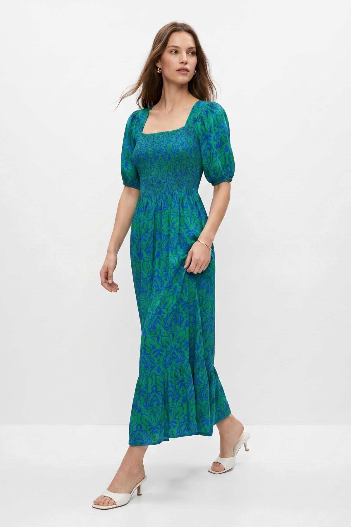 Benetton Yeşili Kare Yaka Desenli Elbise 068