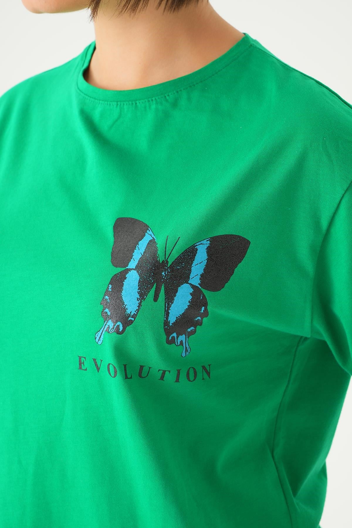 Benetton Yeşili Kelebek Baskılı Oversize Tişört 1708