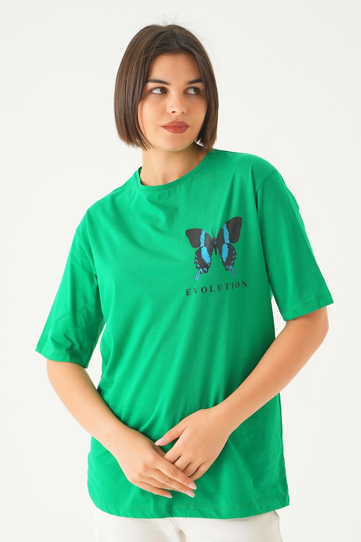 Benetton Yeşili Kelebek Baskılı Oversize Tişört 1708